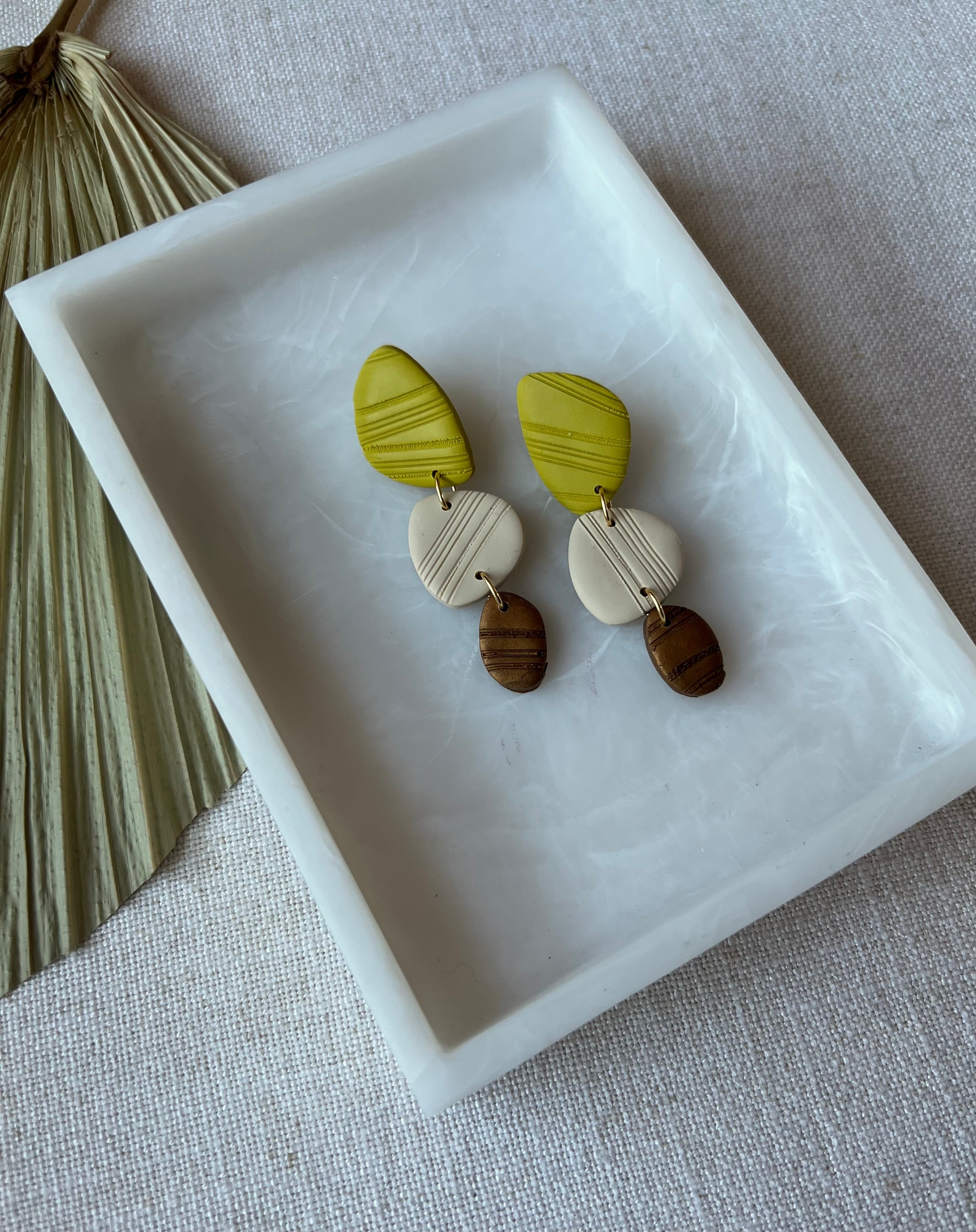 Chartreuse, Beige & Bronze Textured Earrings
