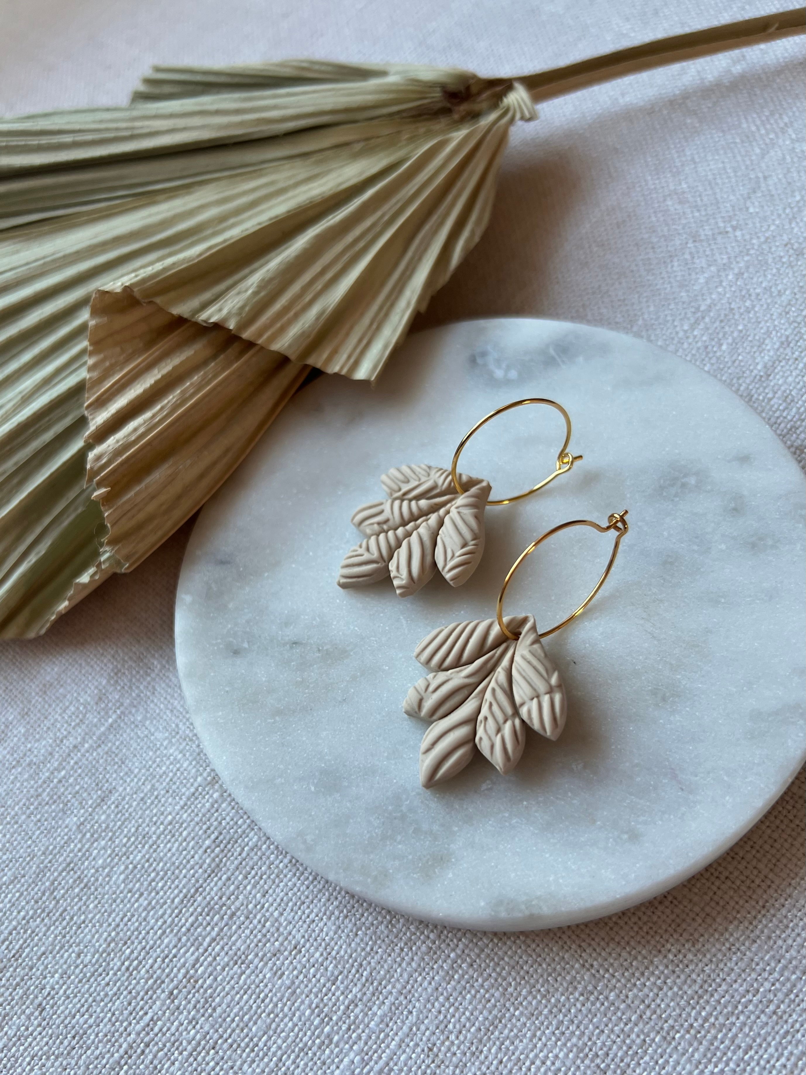 Beige Textured Petals Gold Hoops