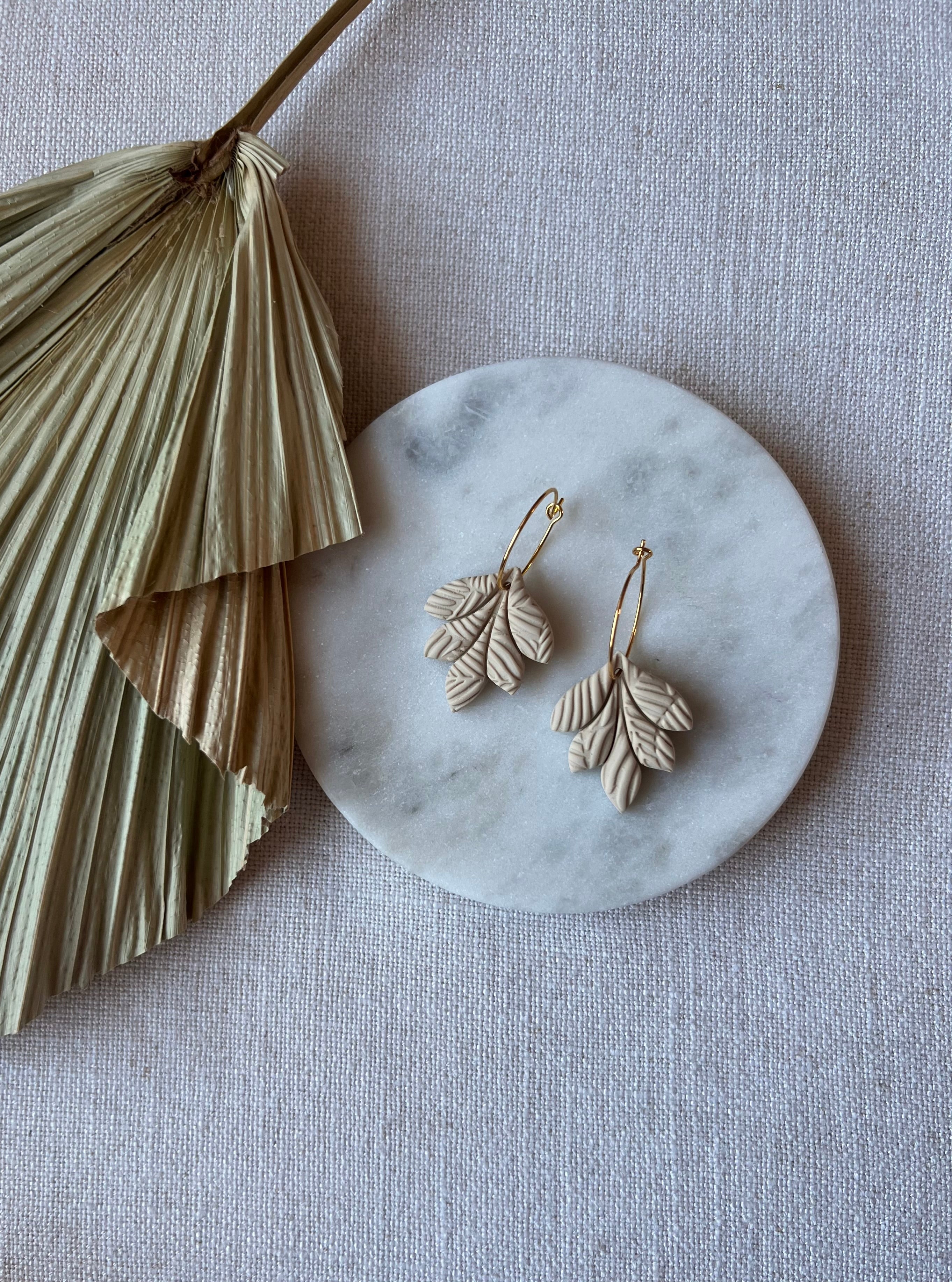 Beige Textured Petals Gold Hoops
