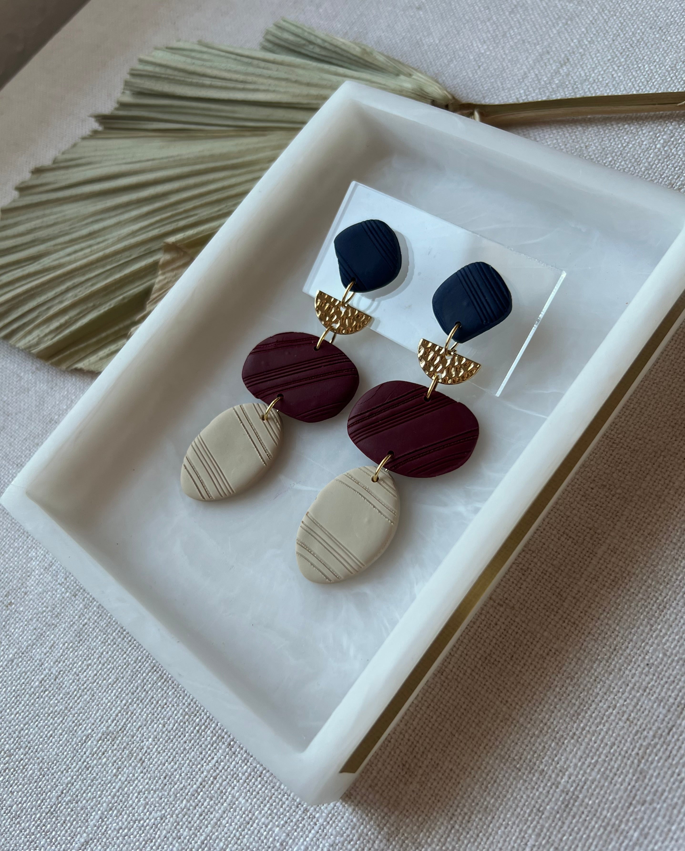 Navy, Bordeux & Beige Textured Earrings