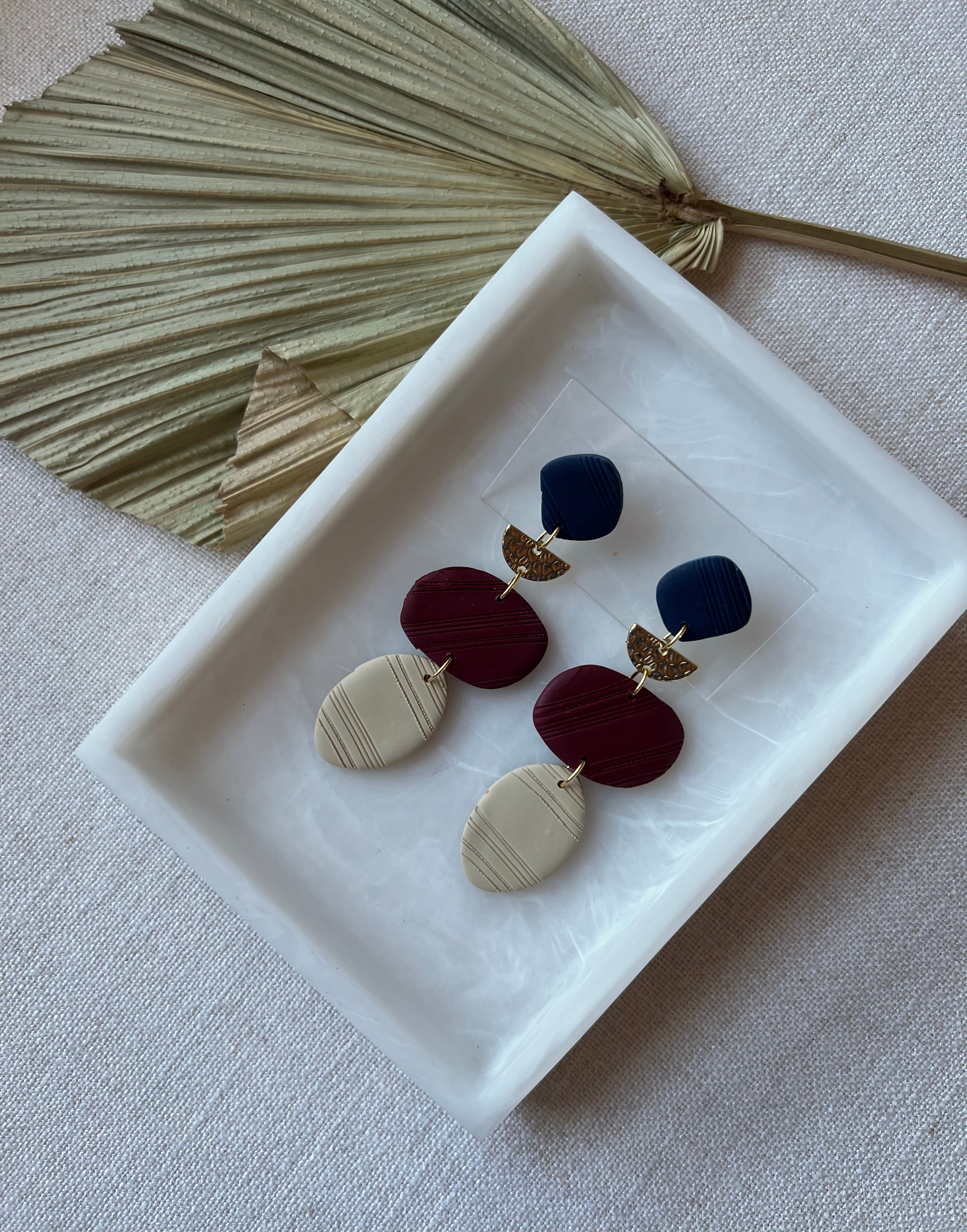 Navy, Bordeux & Beige Textured Earrings