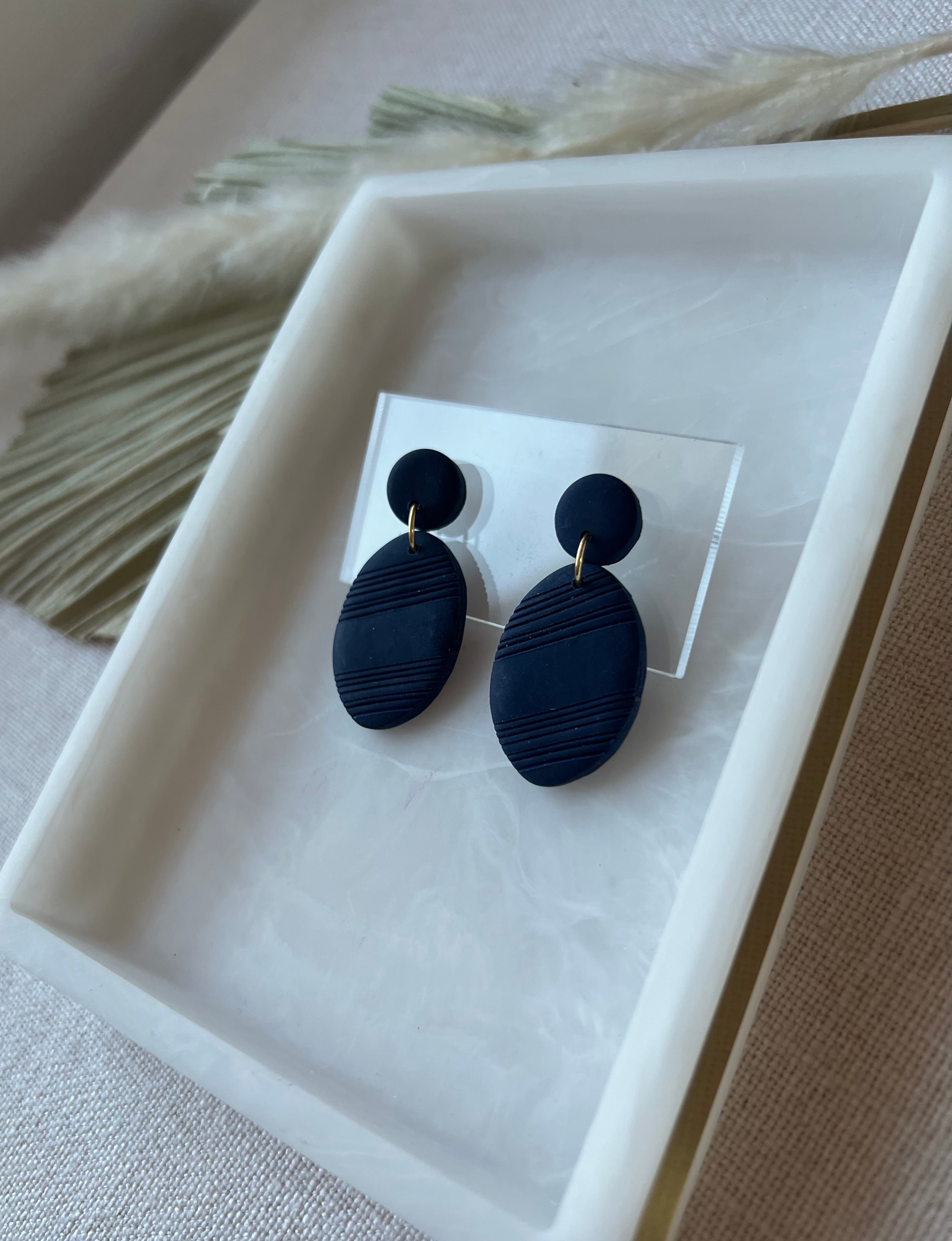 Navy Textured Oval Earrings