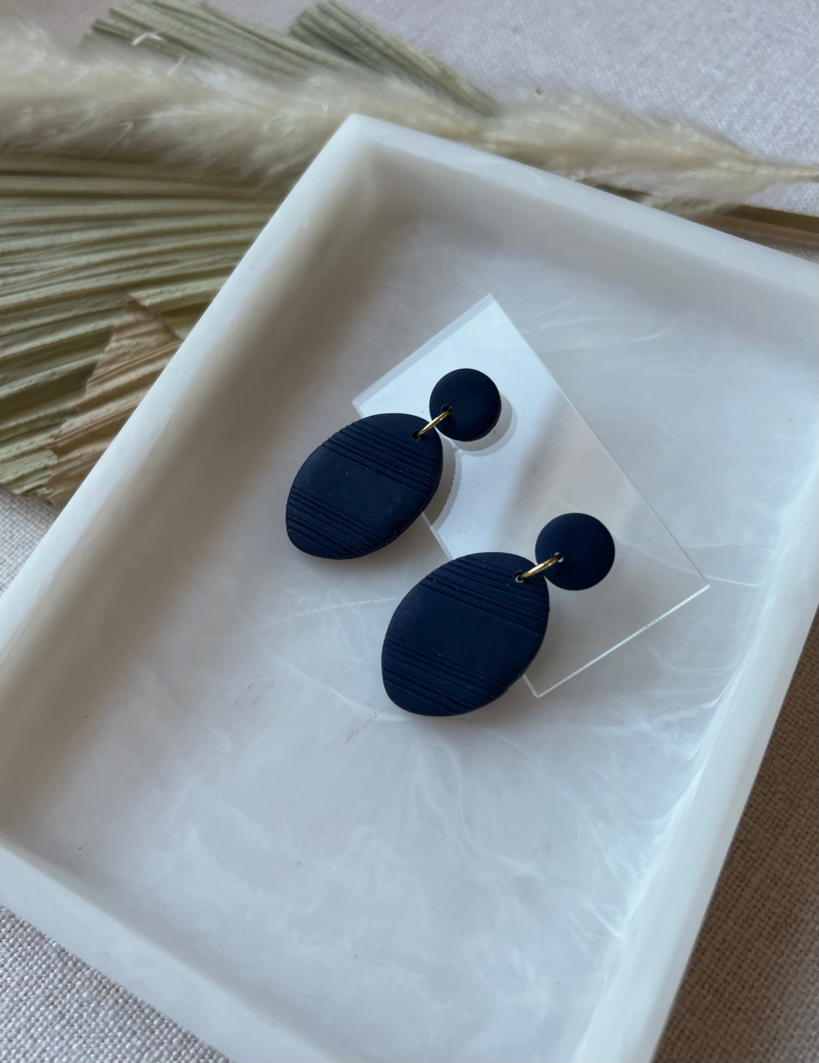 Navy Textured Oval Earrings