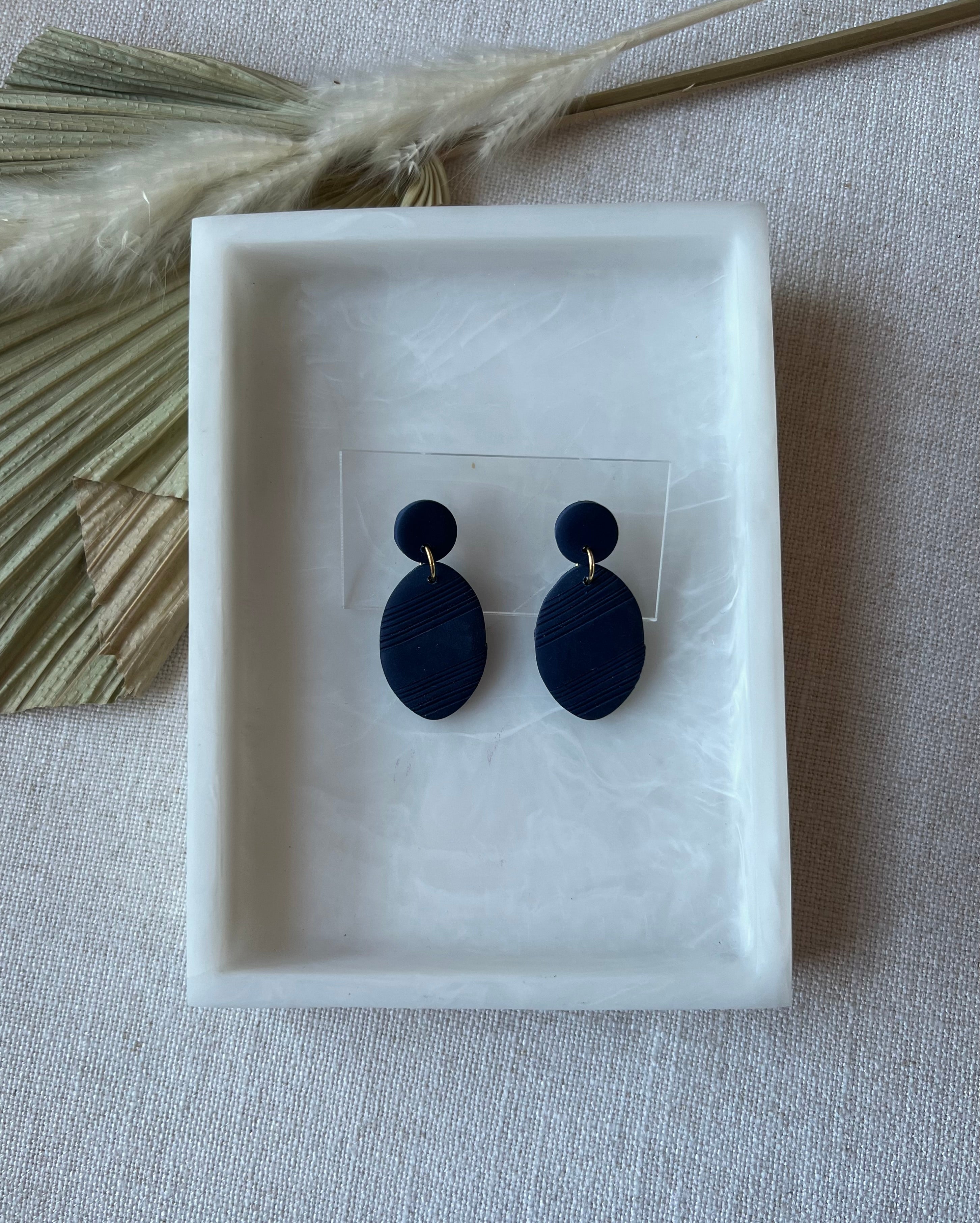 Navy Textured Oval Earrings