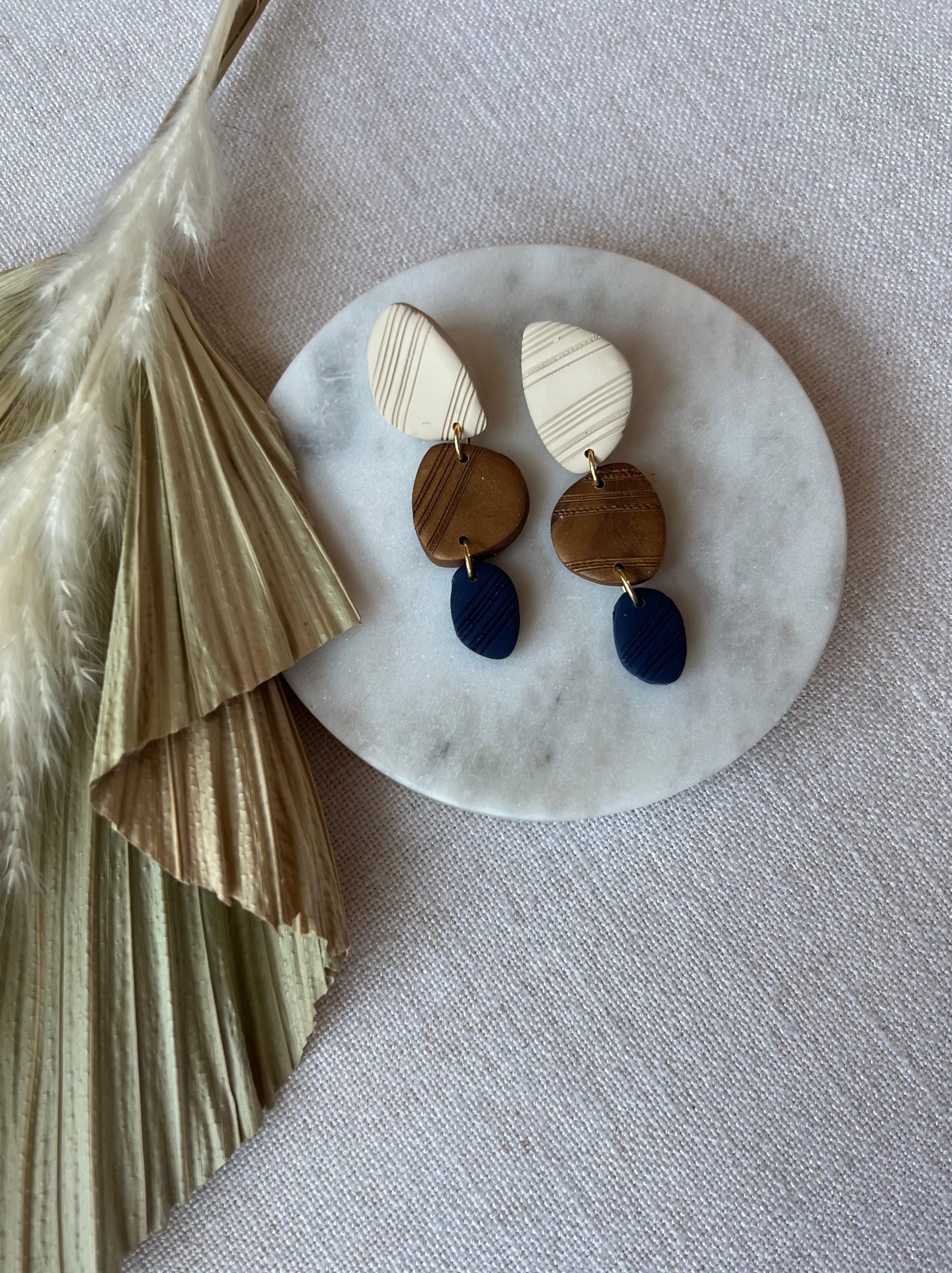 Beige, Bronze & Navy Textured Earrings
