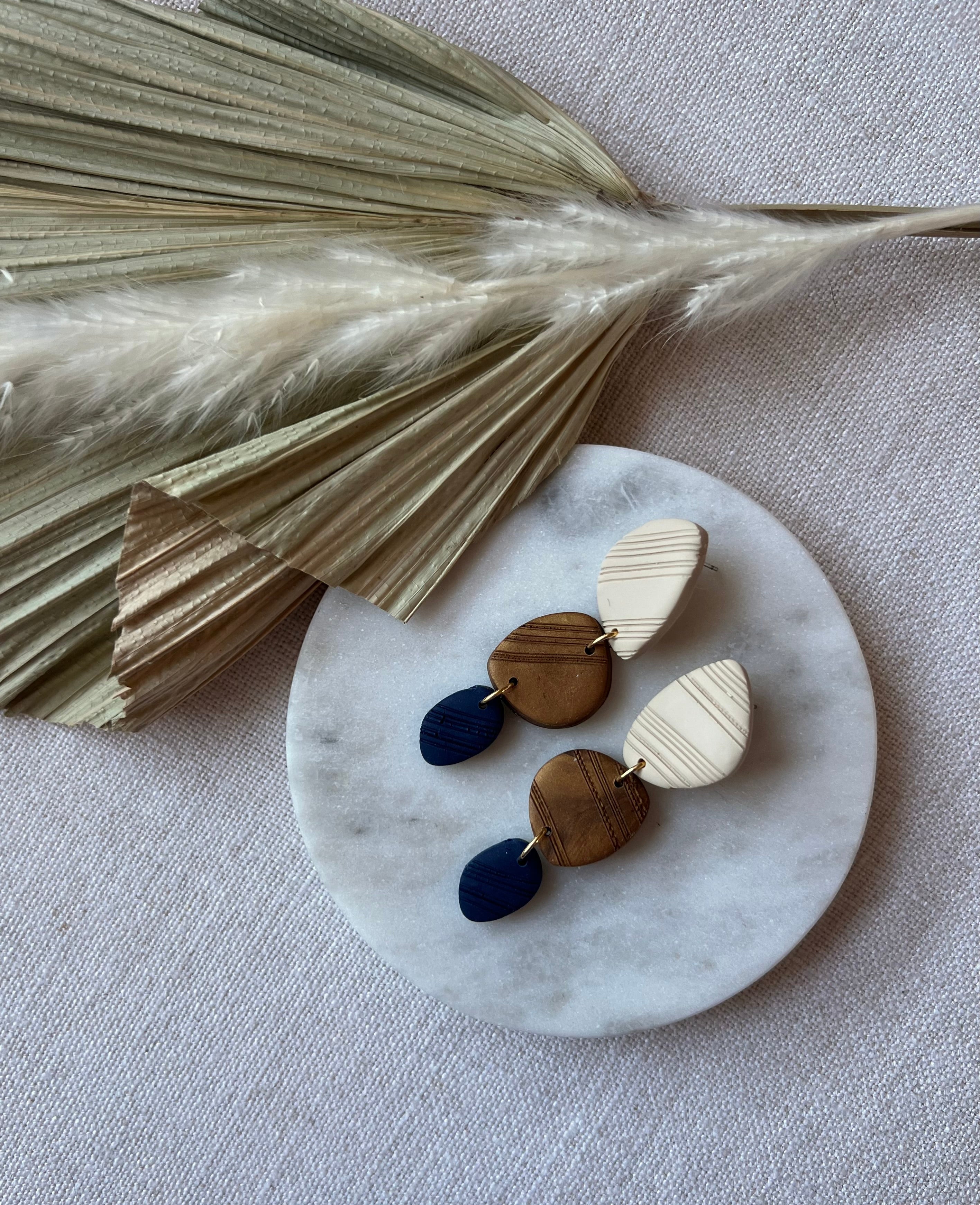 Beige, Bronze & Navy Textured Earrings