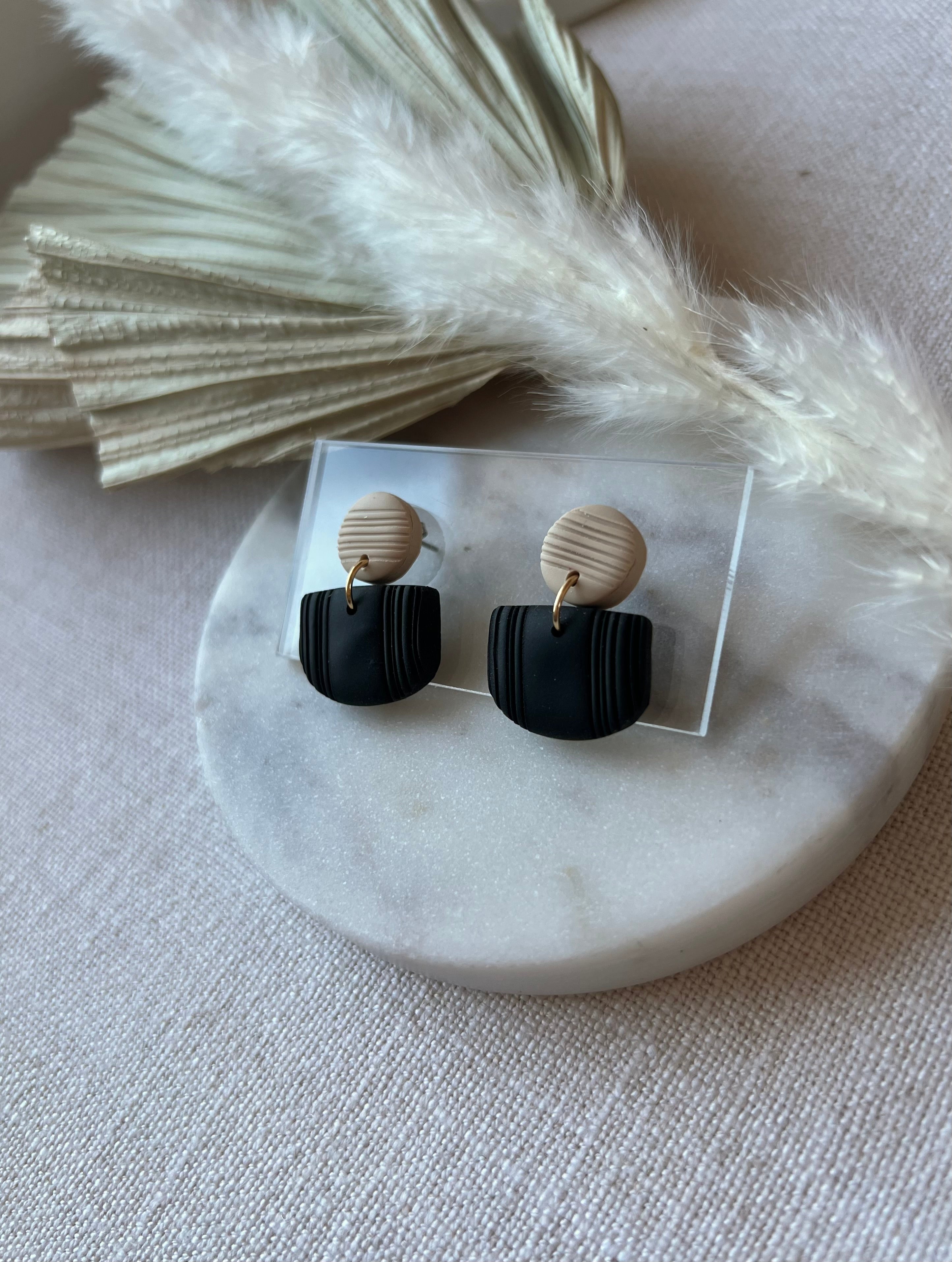 Beige & Black Textured Earrings
