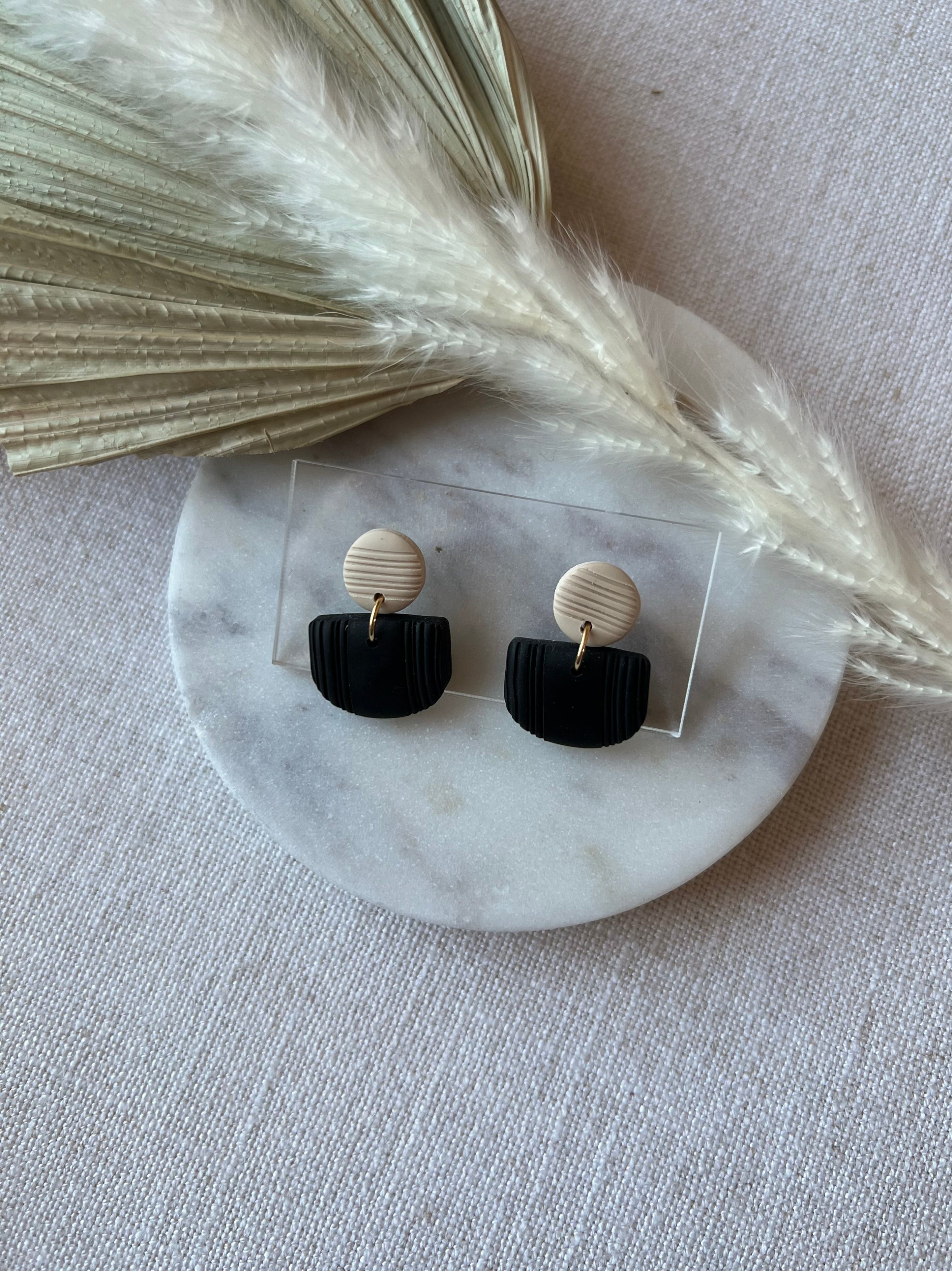 Beige & Black Textured Earrings