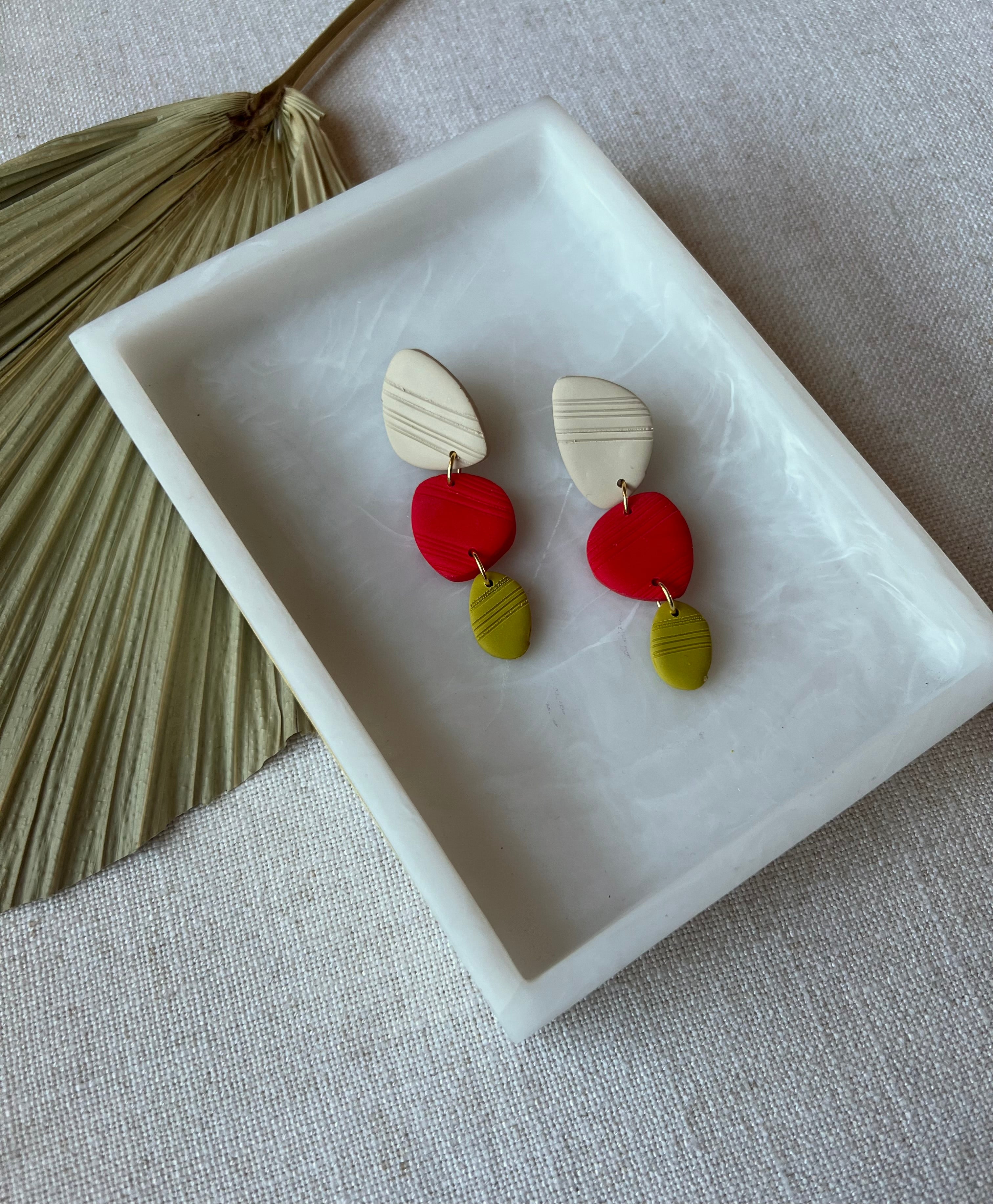Beige, Red & Chartreuse Textured Earrings