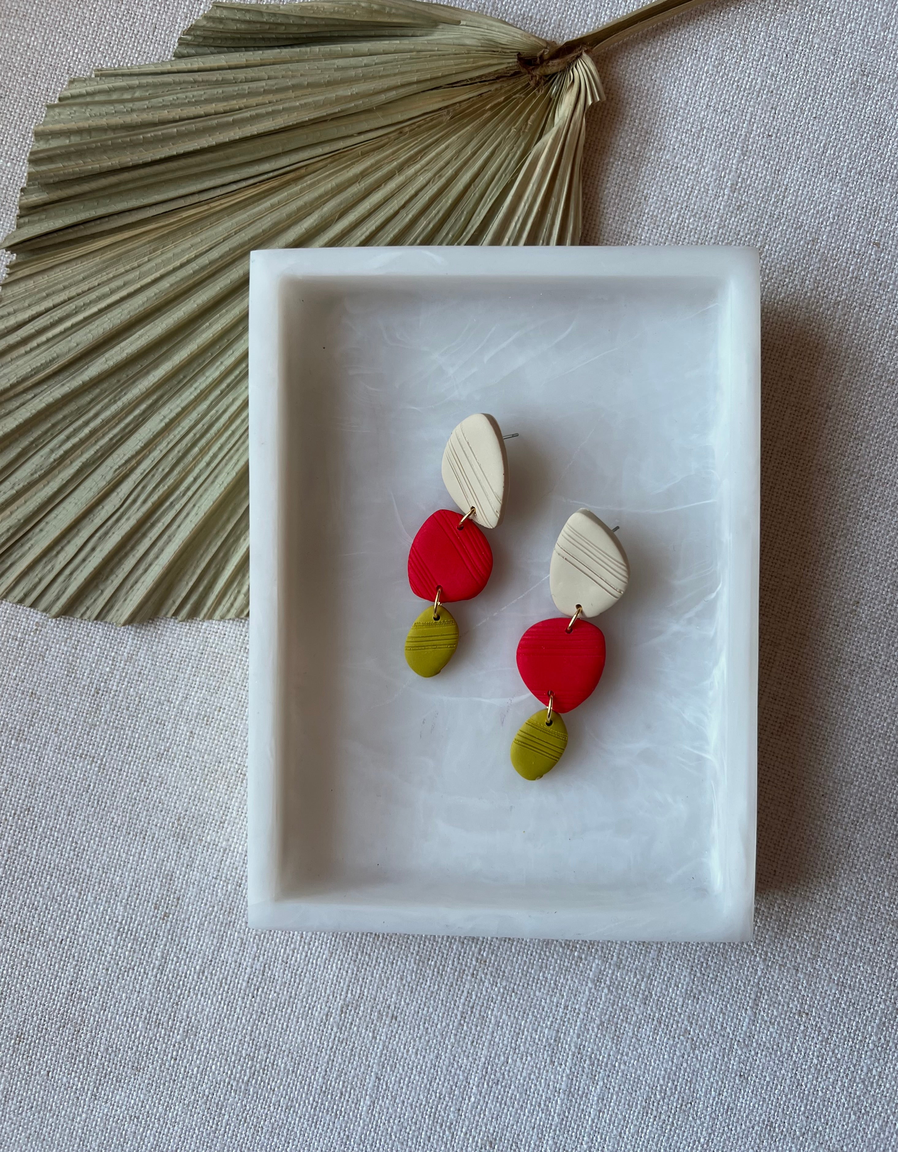 Beige, Red & Chartreuse Textured Earrings