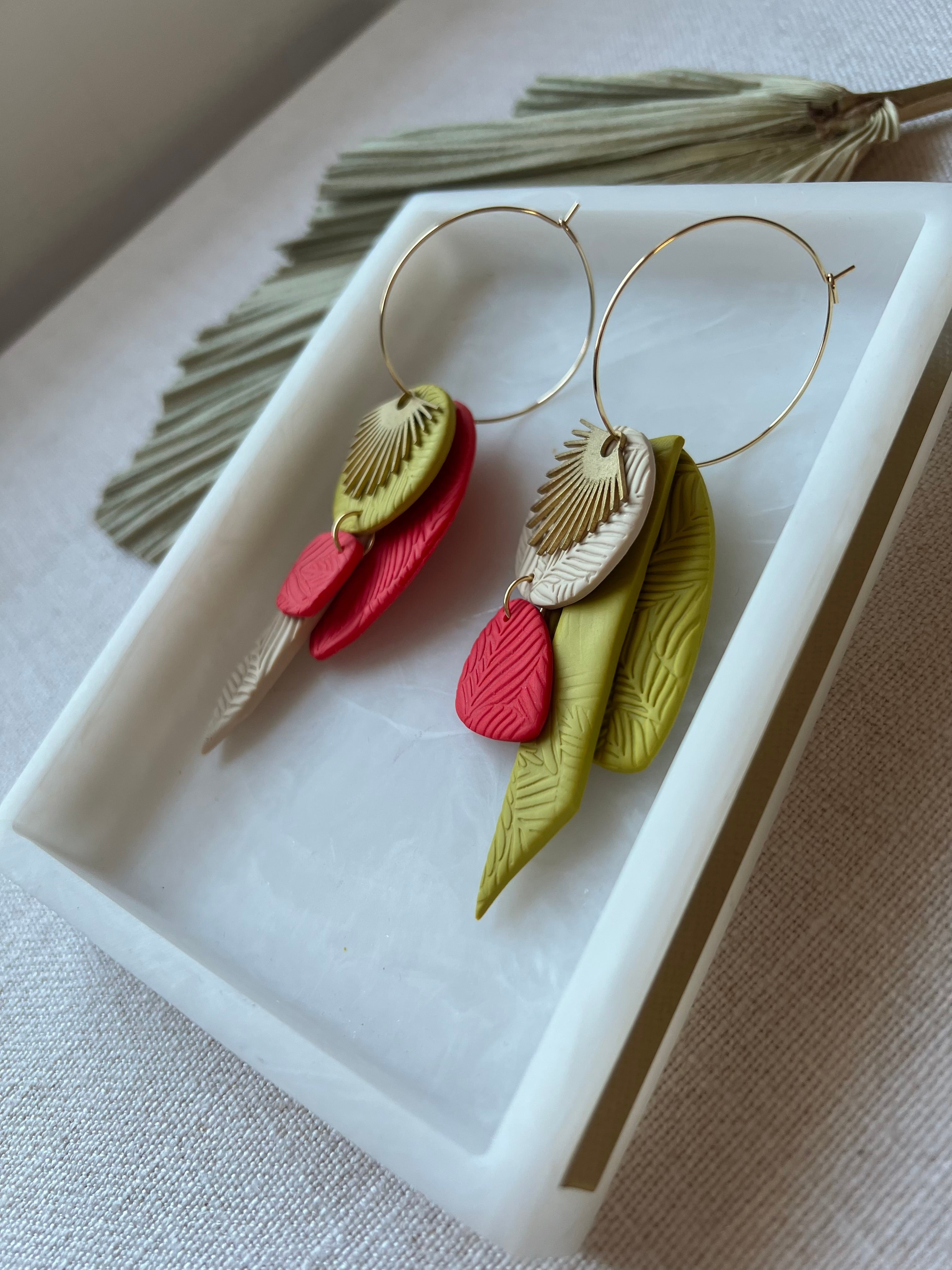 Beige, Red & Chartreuse Textured Earrings on Gold Hoops