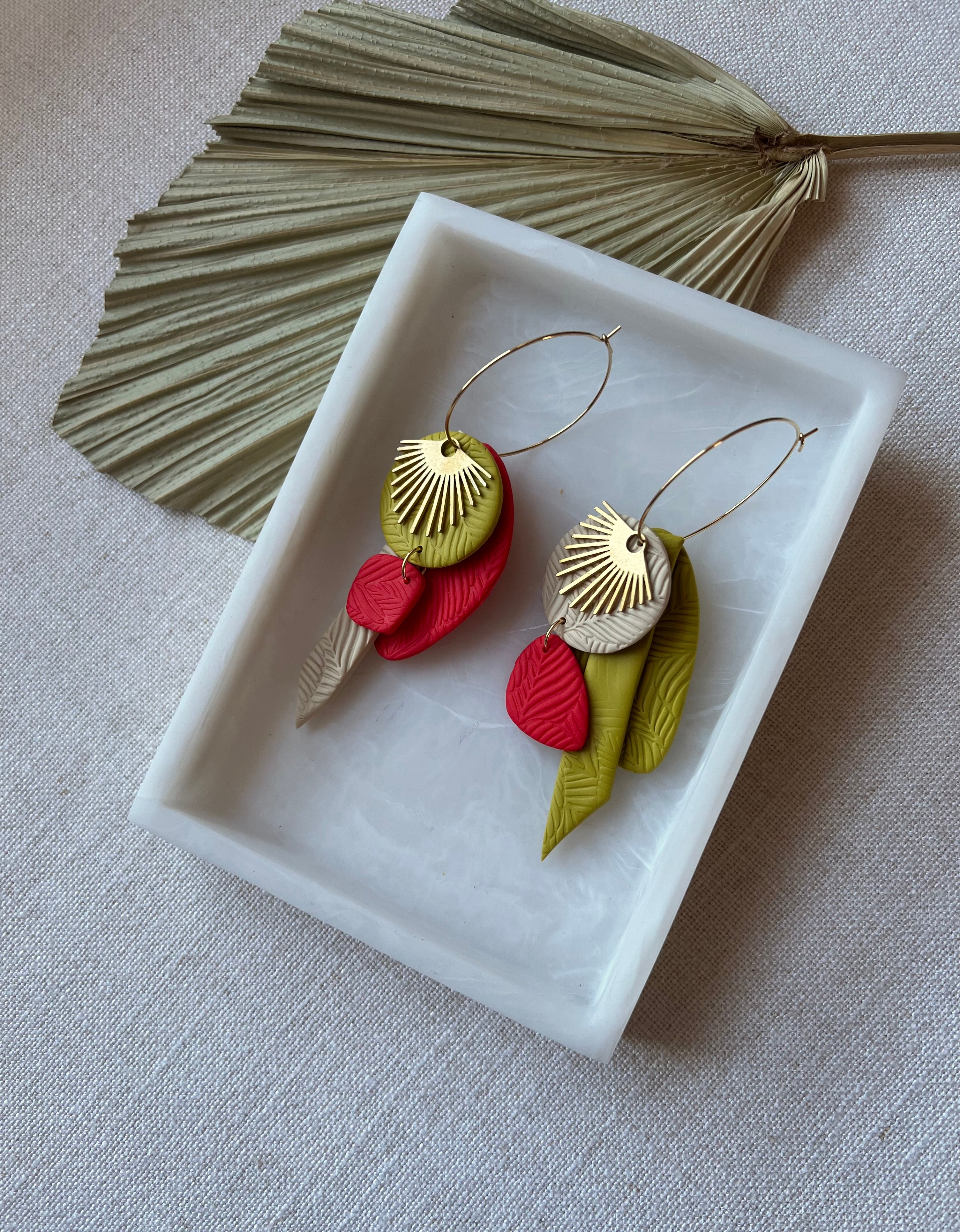 Beige, Red & Chartreuse Textured Earrings on Gold Hoops