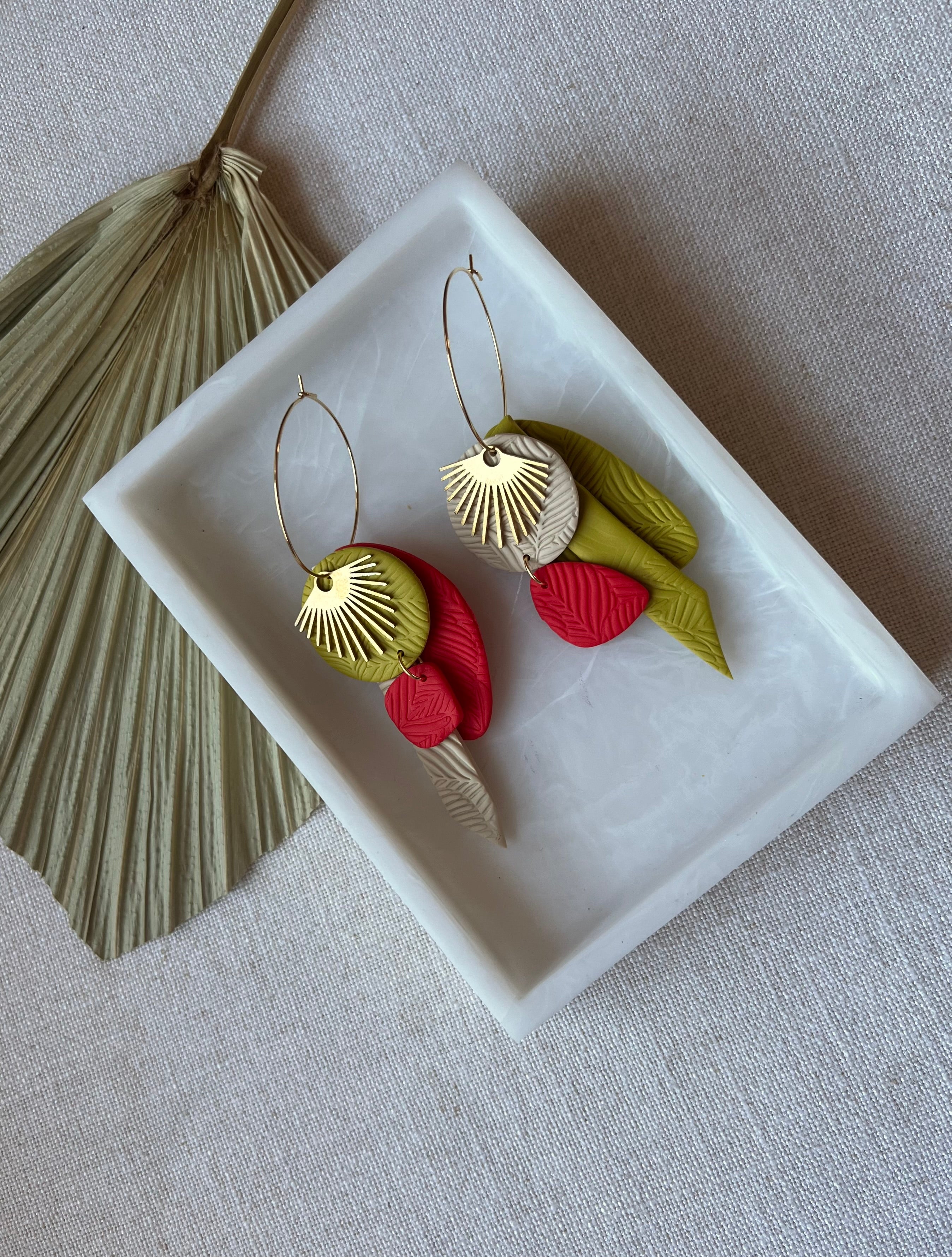 Beige, Red & Chartreuse Textured Earrings on Gold Hoops