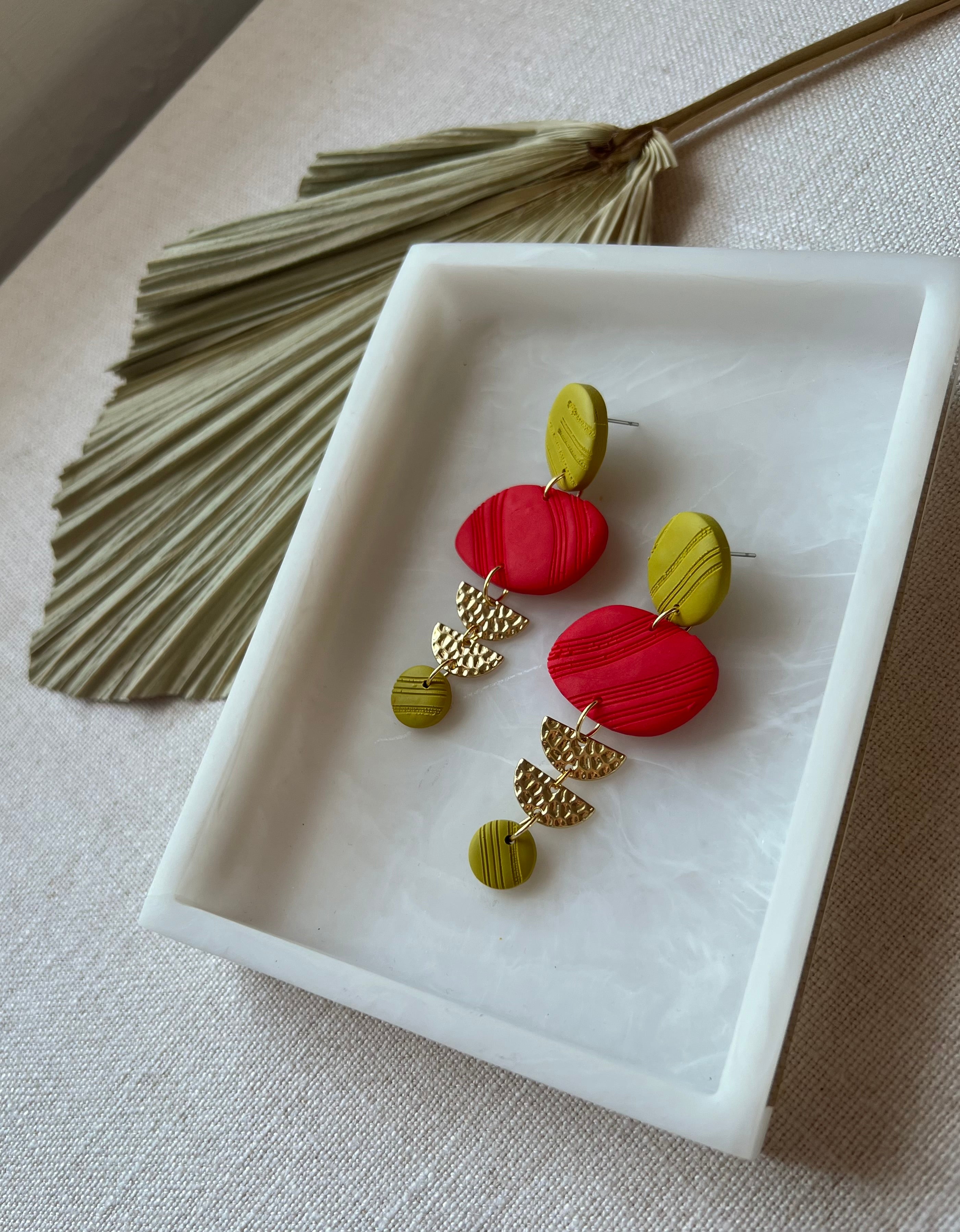 Red & Chartreuse Textured Earrings
