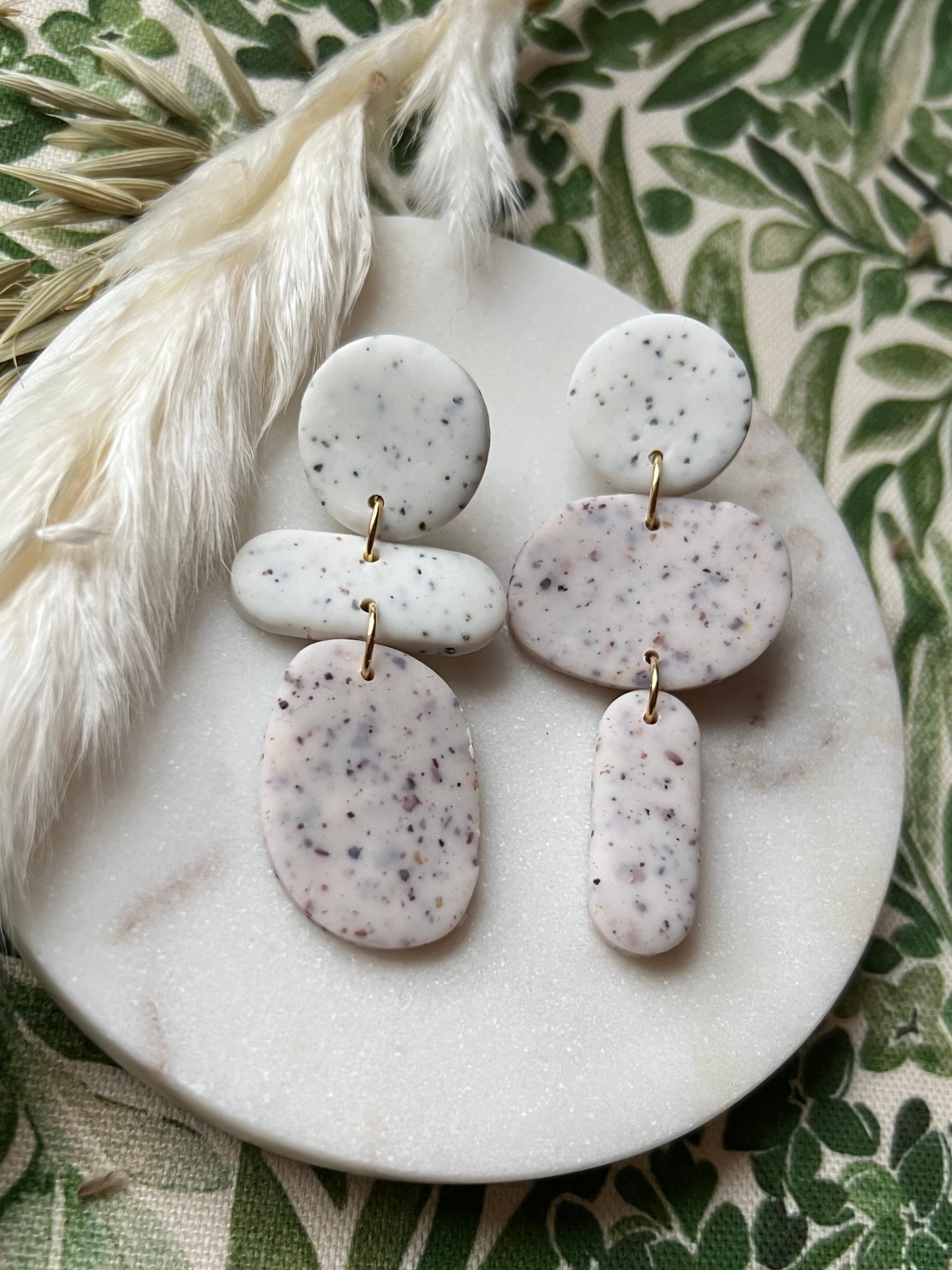 Rose & White Speckled Asymmetrical Earrings