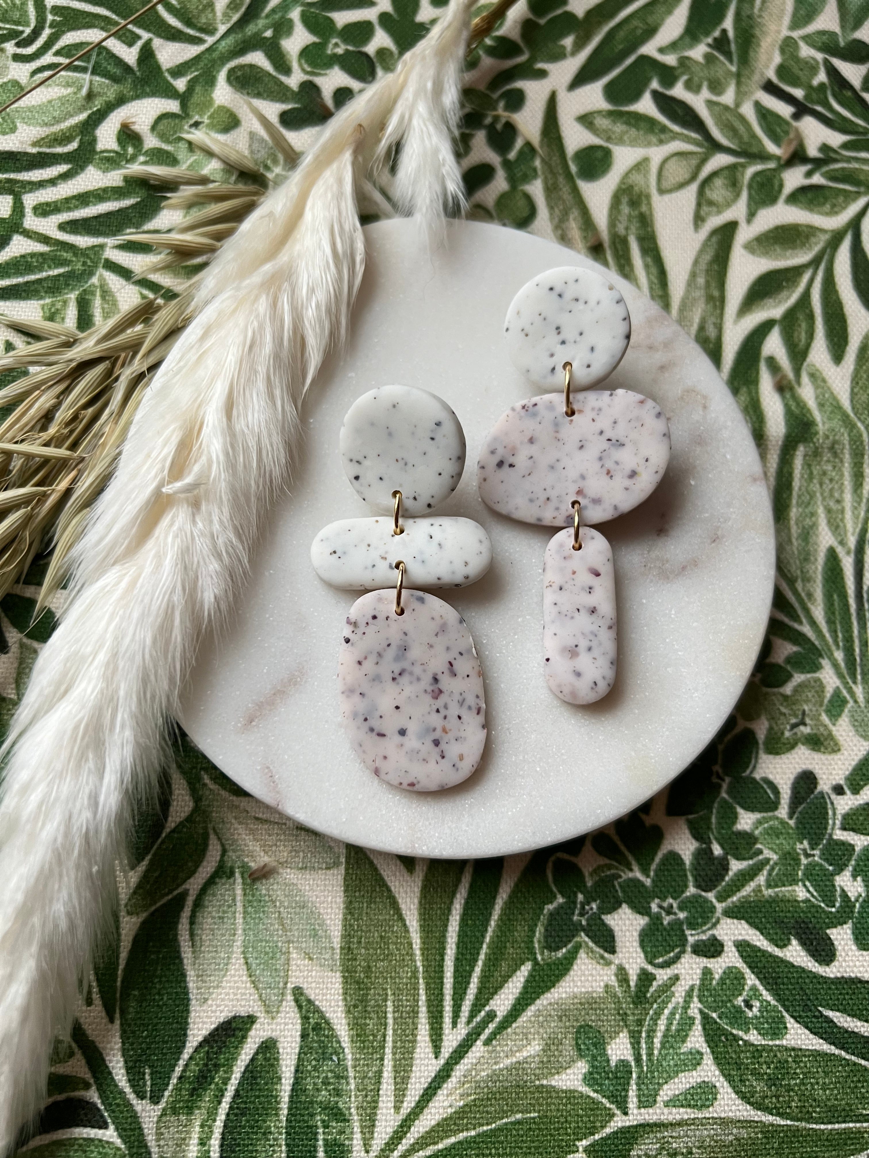 Rose & White Speckled Asymmetrical Earrings