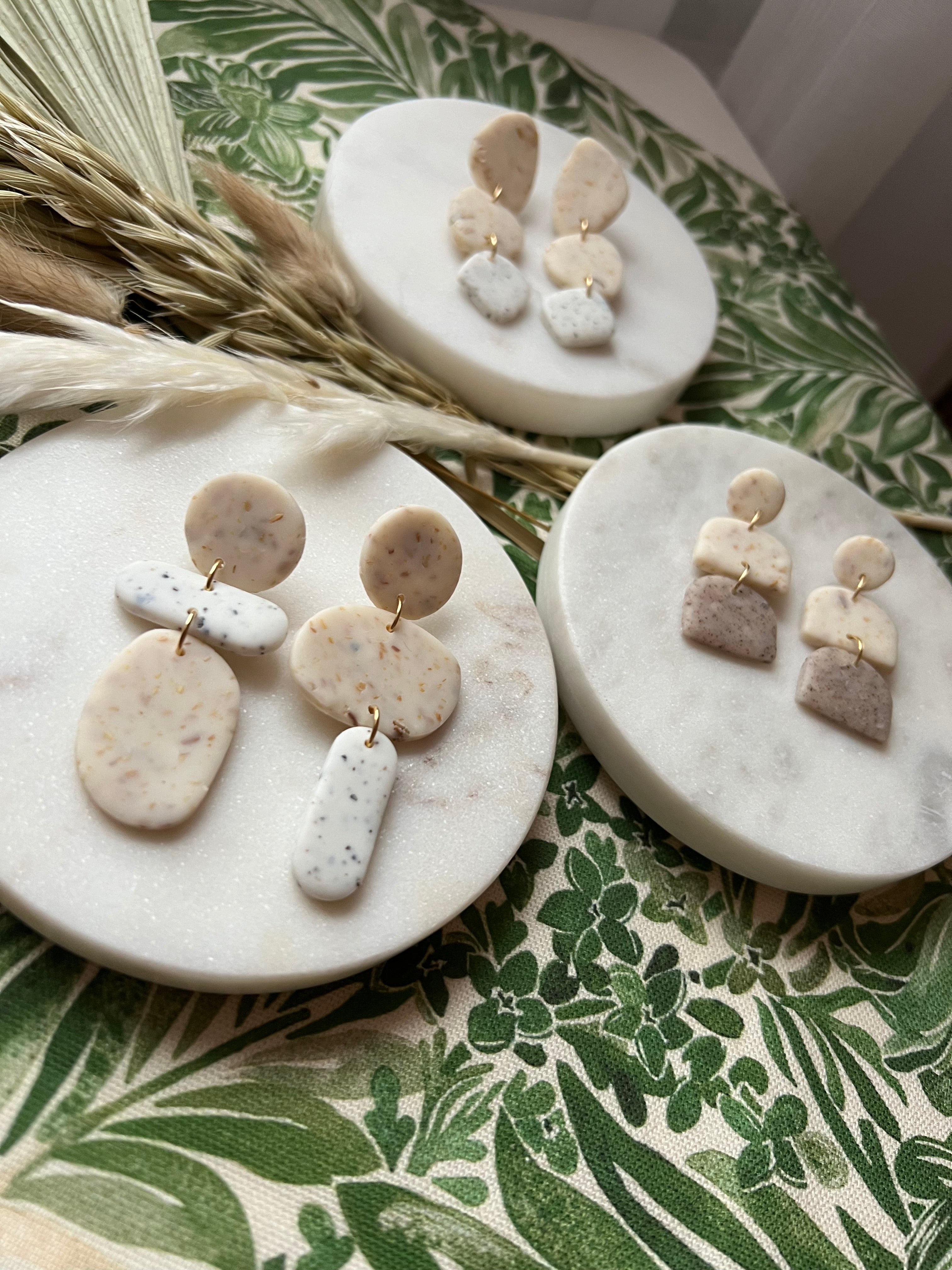 Botanical Sunflower & White Speckled Asymmetric Earrings
