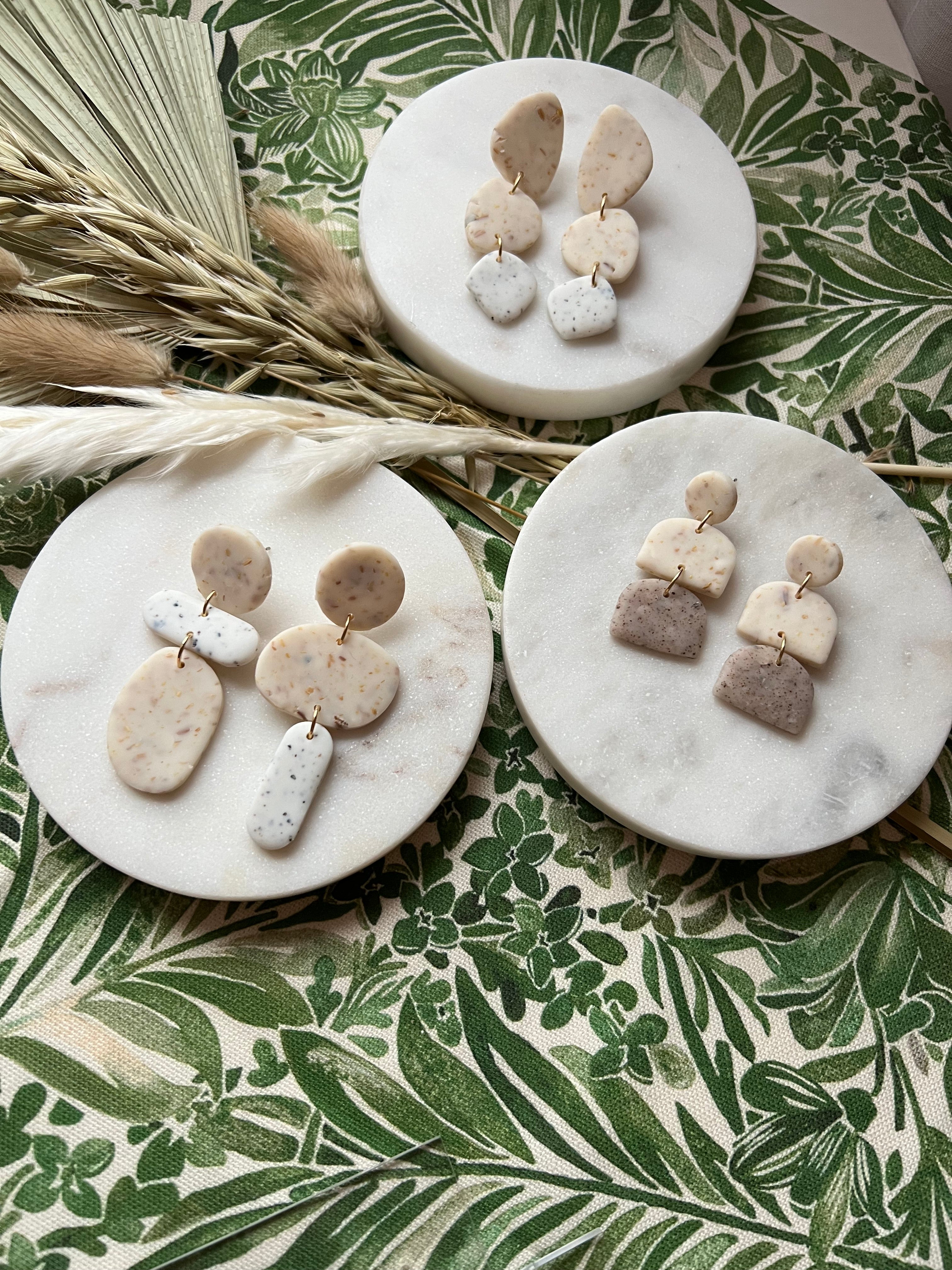 Botanical Sunflower & White Speckled Asymmetric Earrings