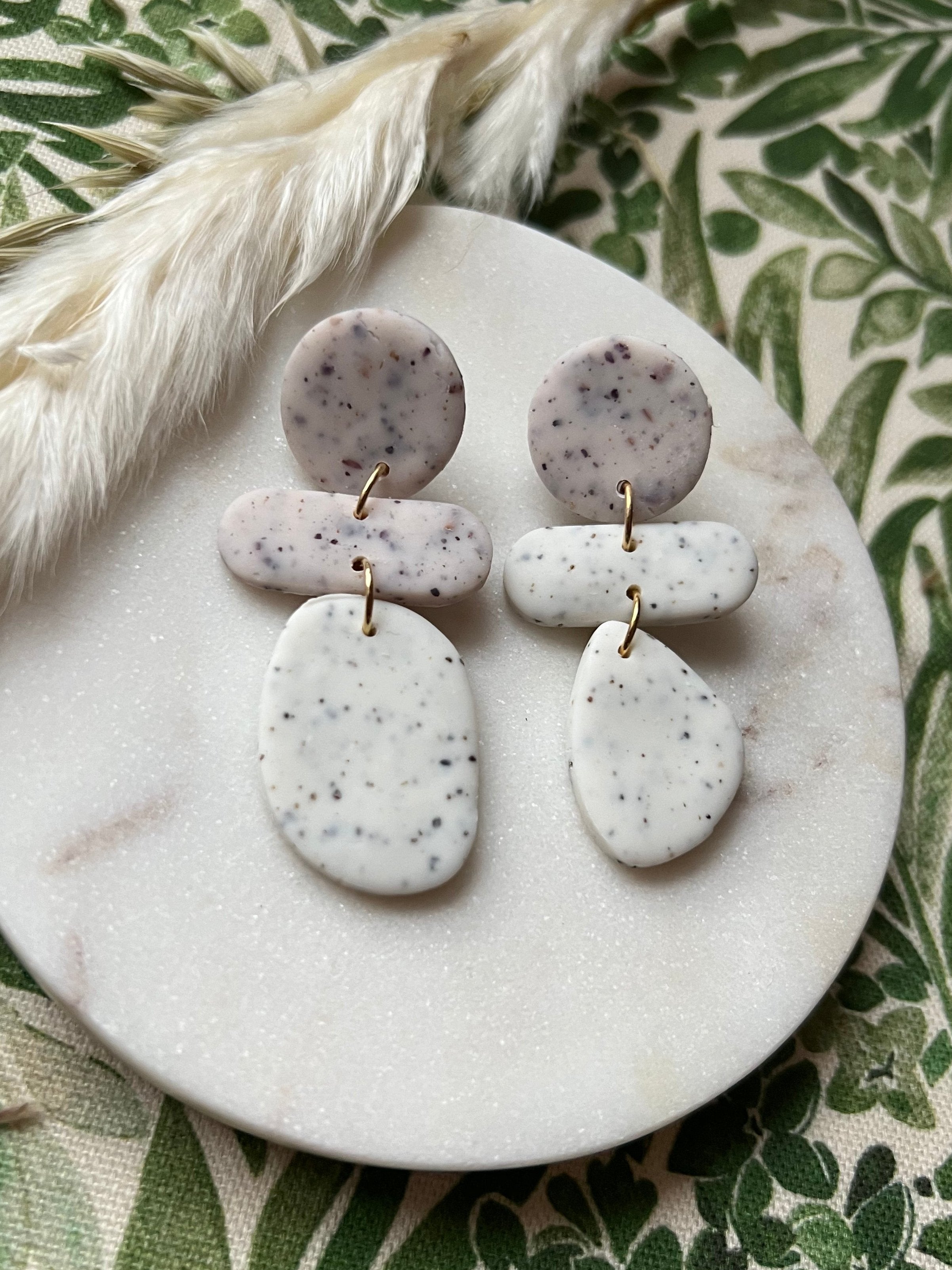 Rose & White Speckled Asymmetrical Earrings