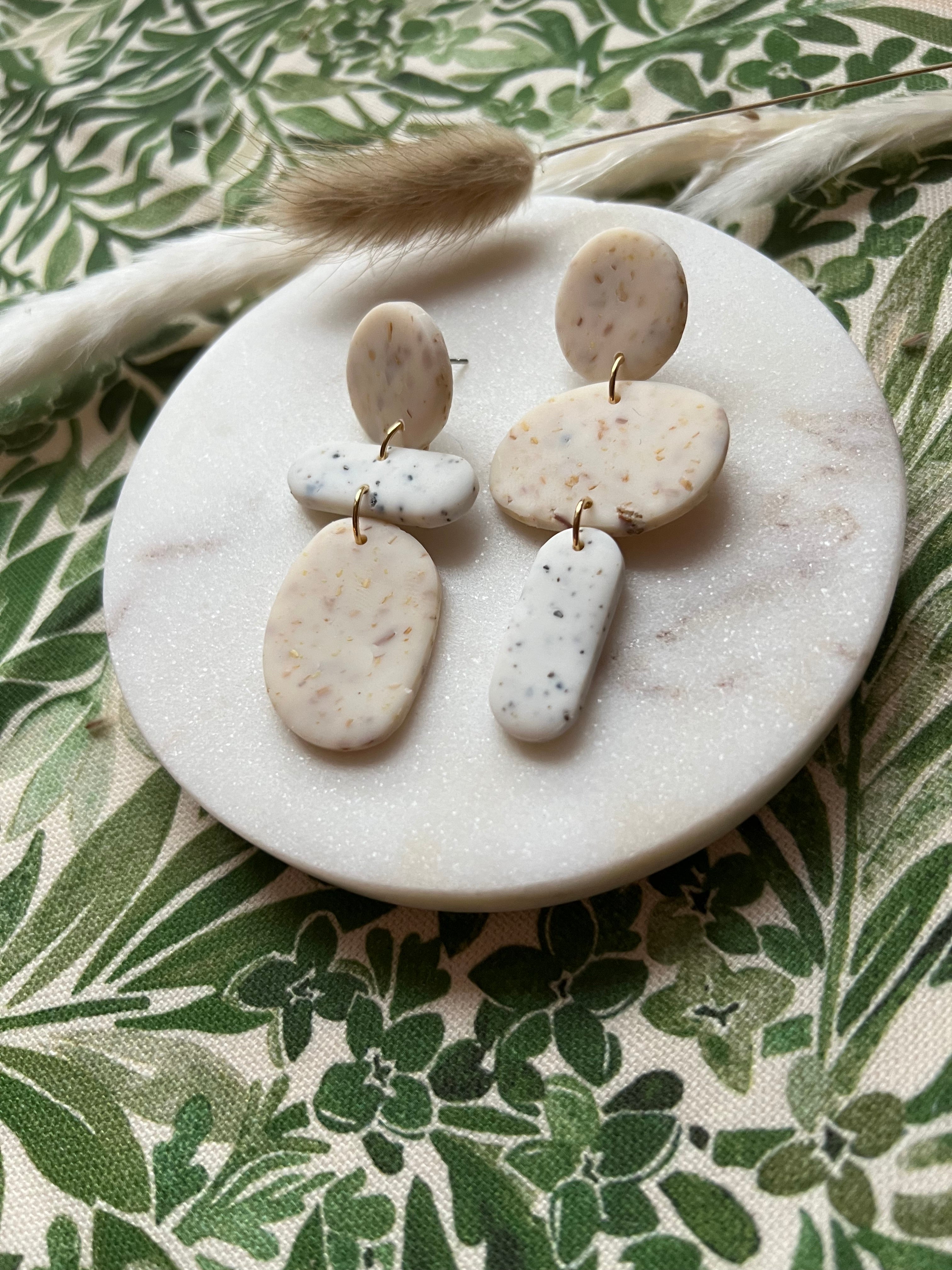 Botanical Sunflower & White Speckled Asymmetric Earrings