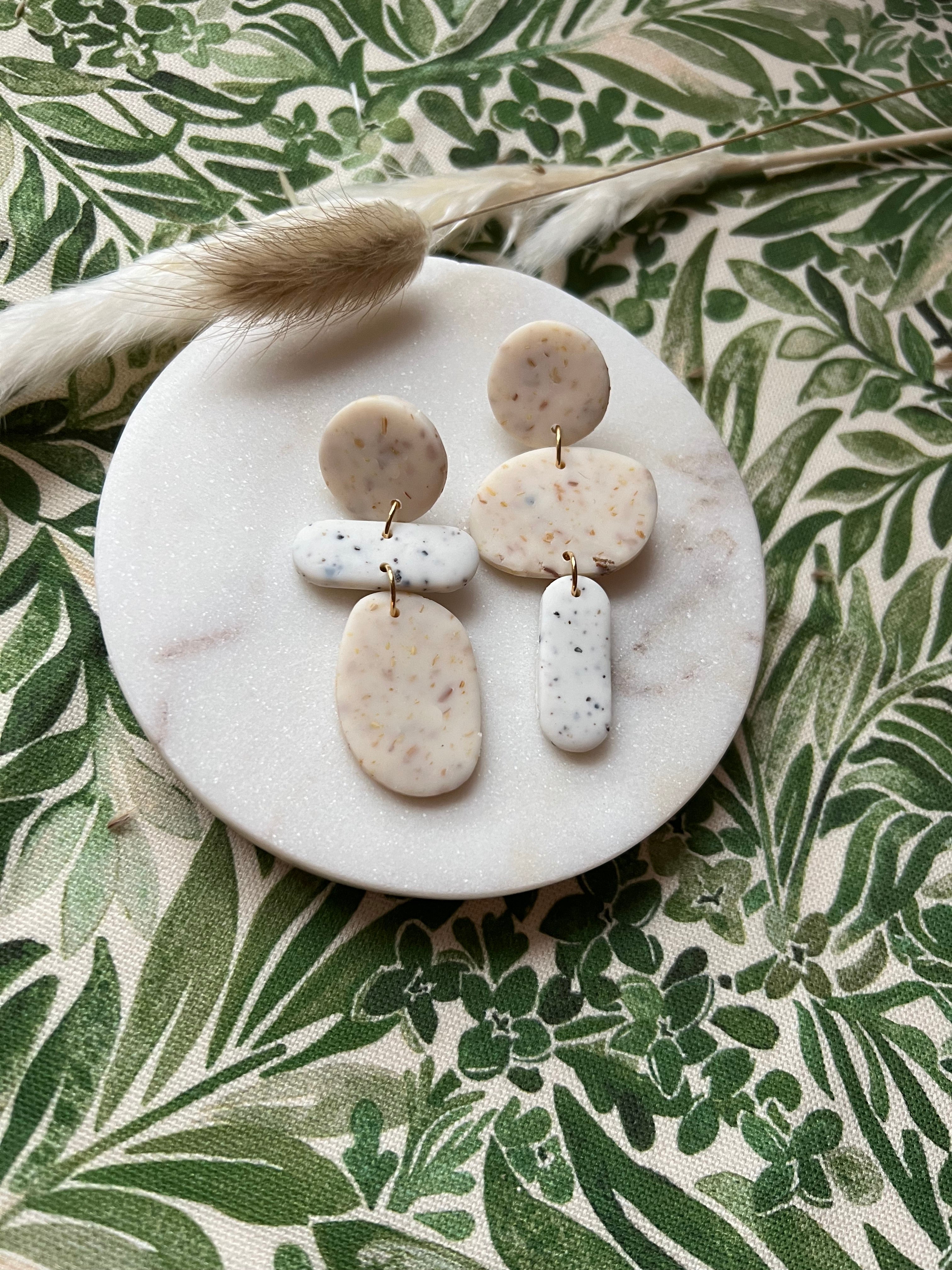 Botanical Sunflower & White Speckled Asymmetric Earrings