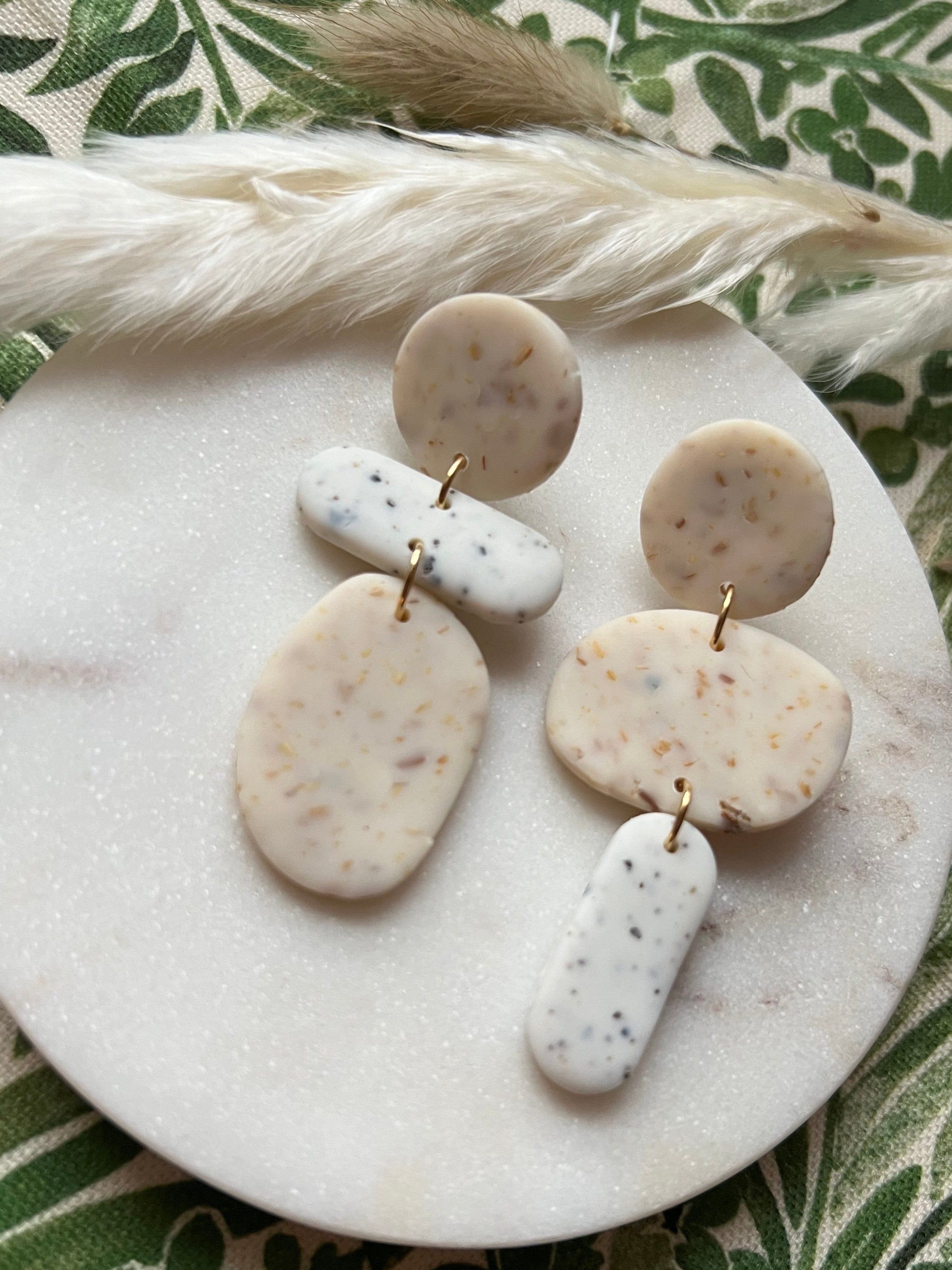 Botanical Sunflower & White Speckled Asymmetric Earrings