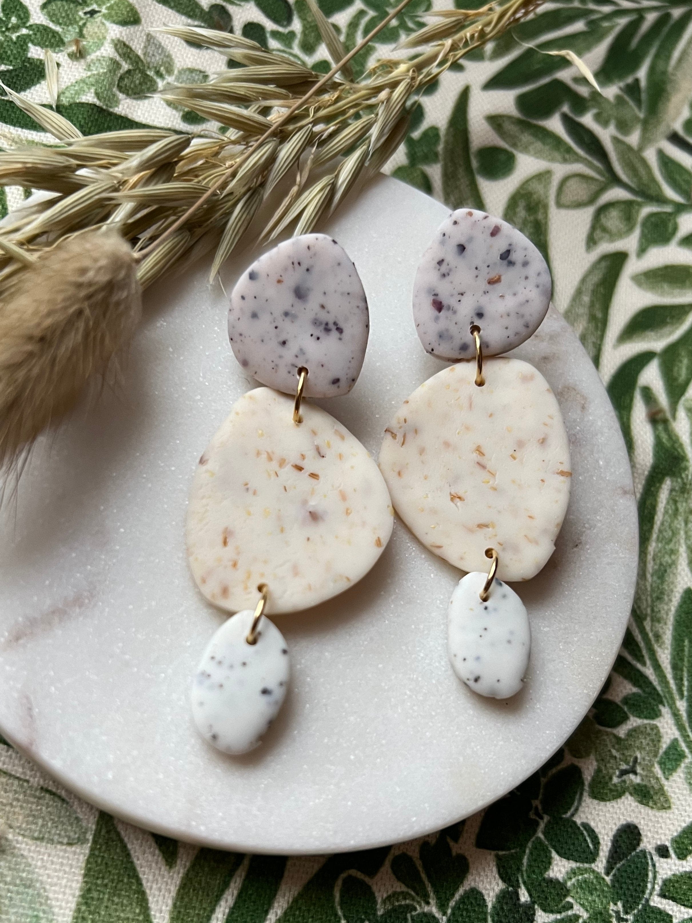 Botanical Sunflower, Rose & White Speckled Earrings