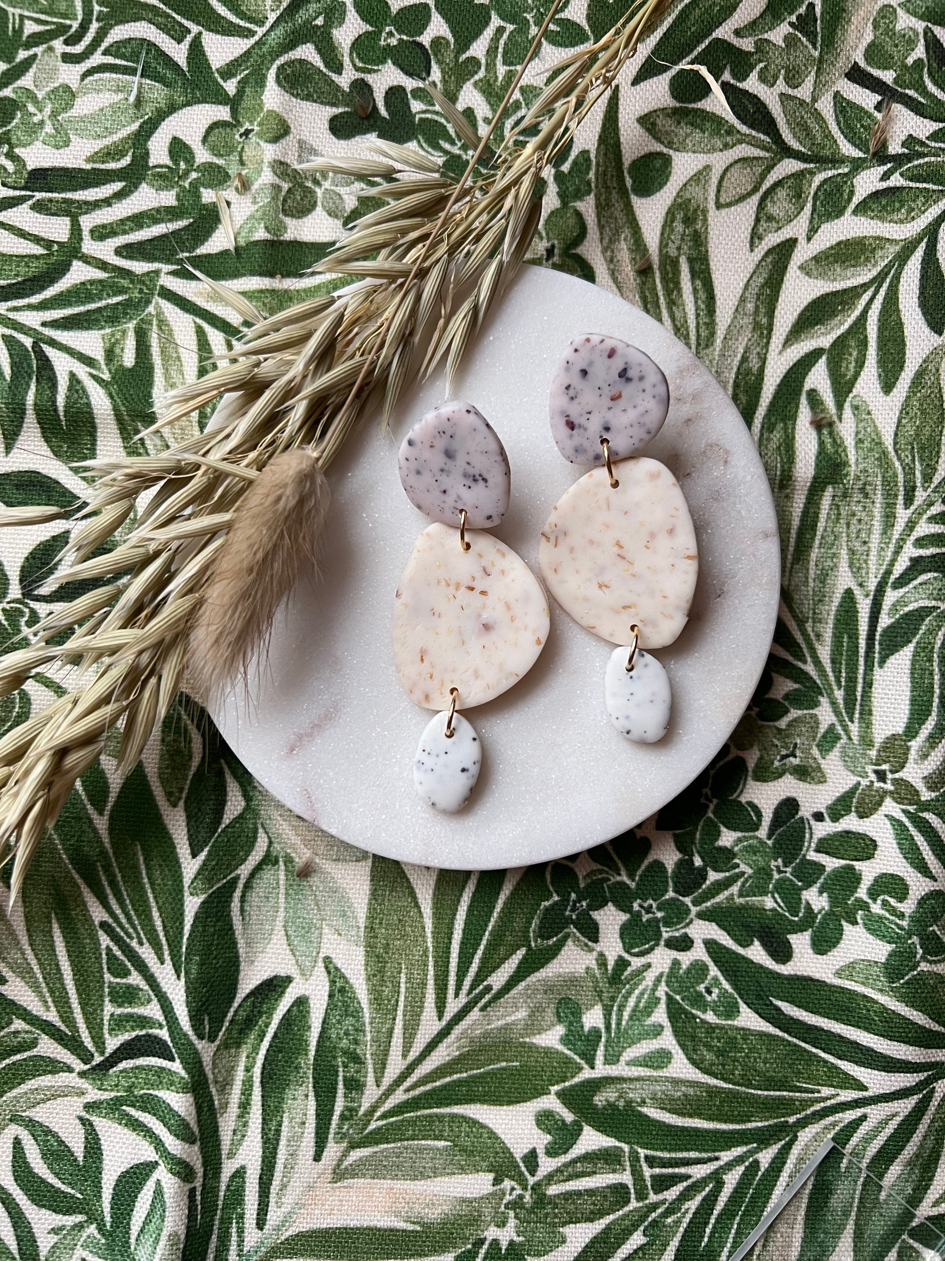 Botanical Sunflower, Rose & White Speckled Earrings