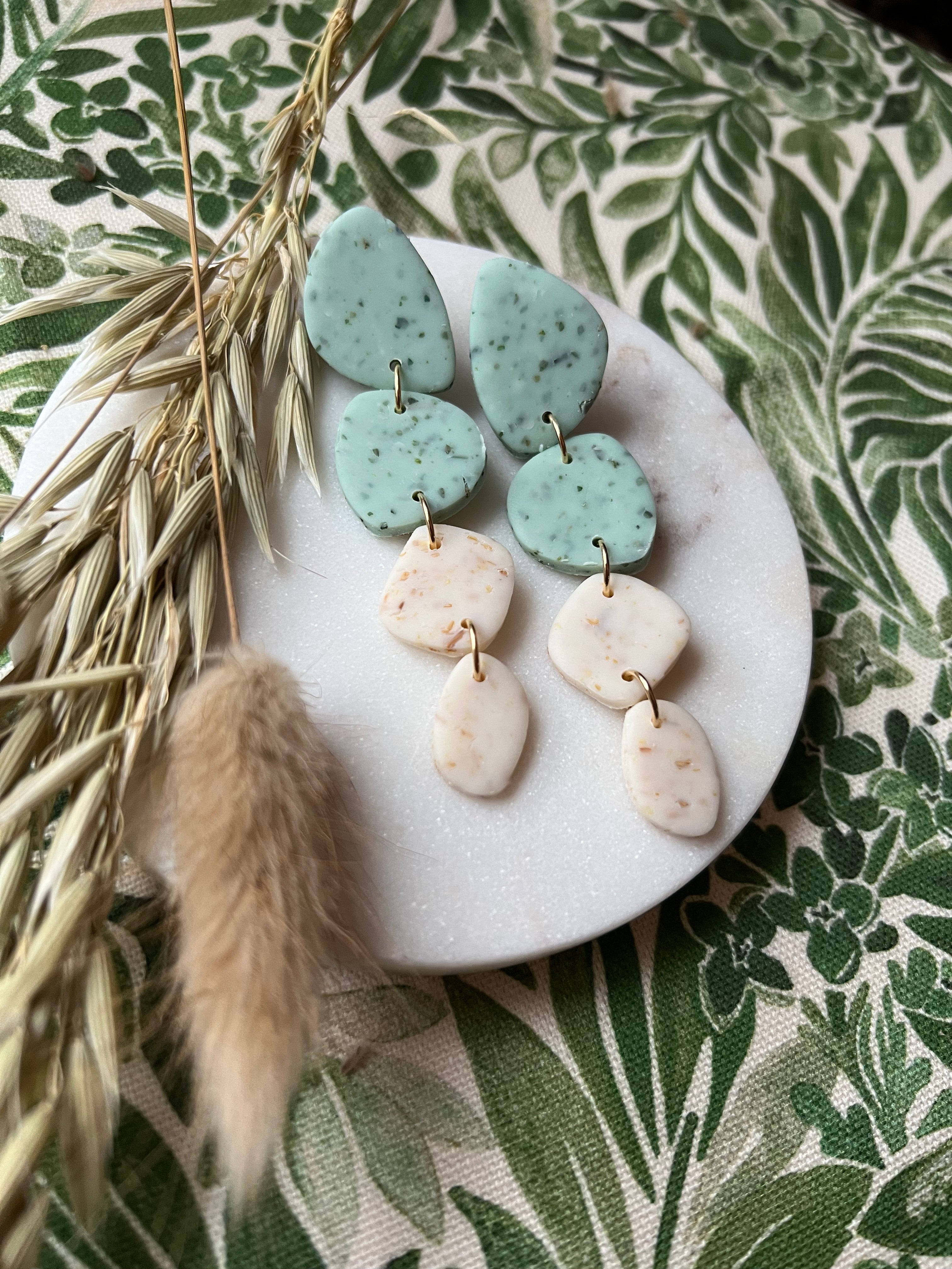 Eau De Nil & Botanical Sunflower Speckled Earrings