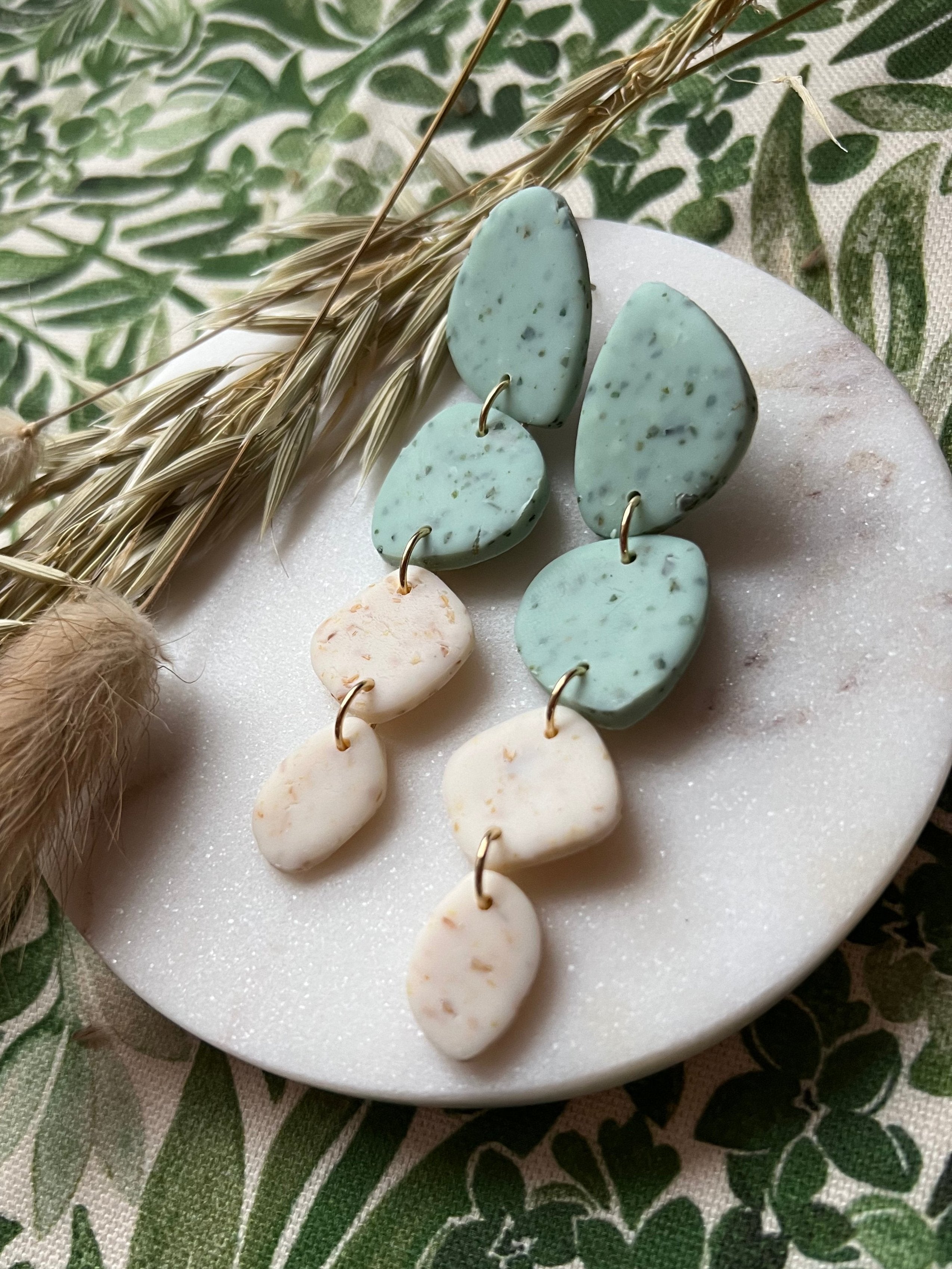 Eau De Nil & Botanical Sunflower Speckled Earrings