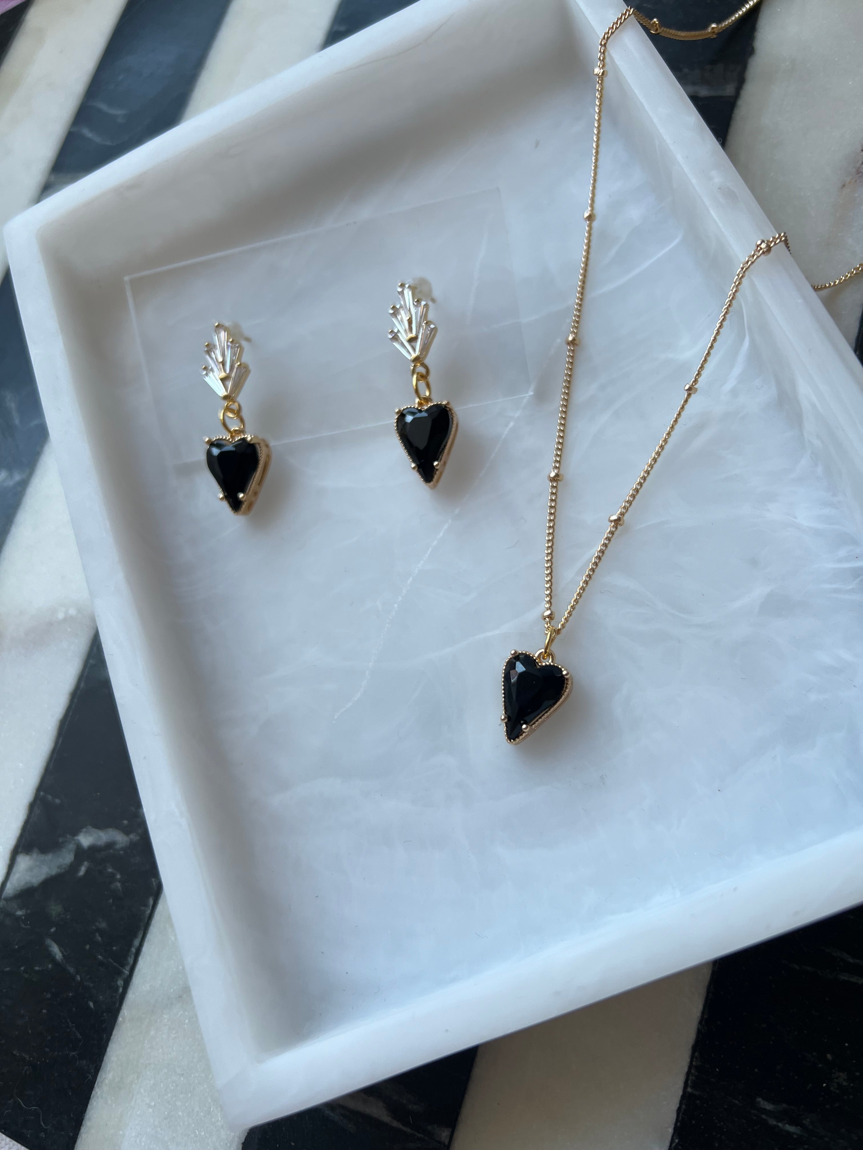 18K Gold Plated Black Heart Earrings
