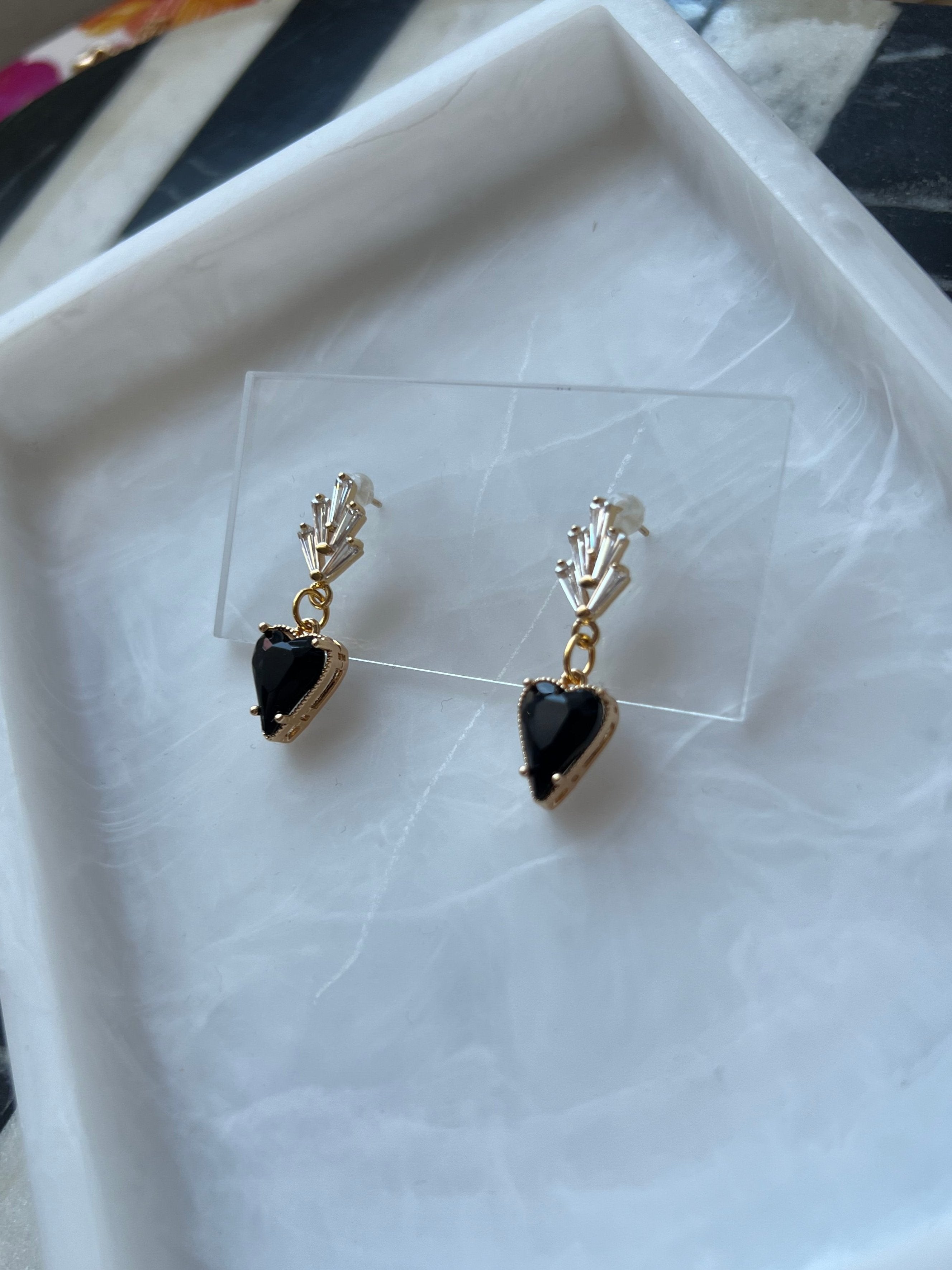 18K Gold Plated Black Heart Earrings