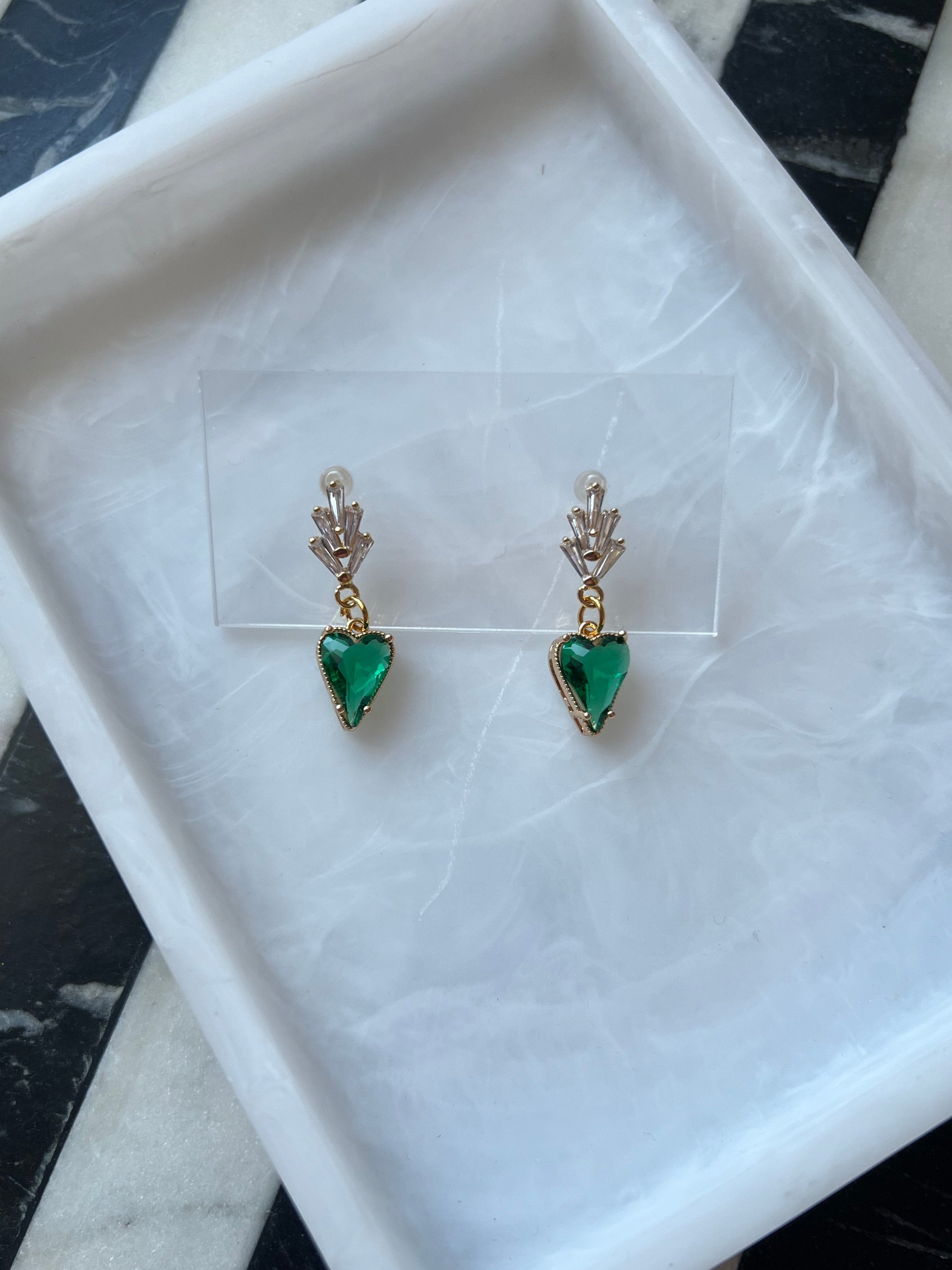 18K Gold Plated Emerald Green Heart Earrings