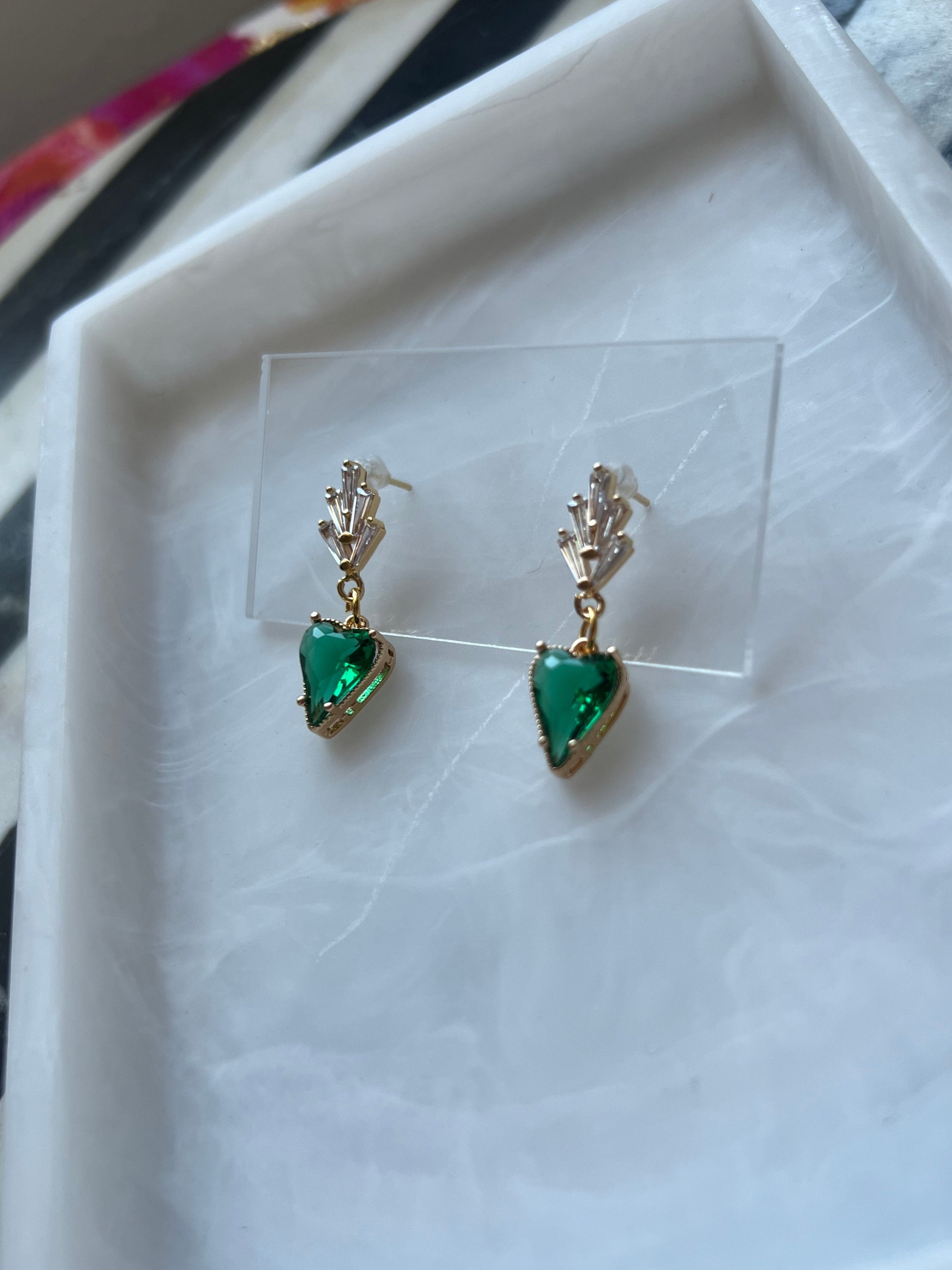 18K Gold Plated Emerald Green Heart Earrings