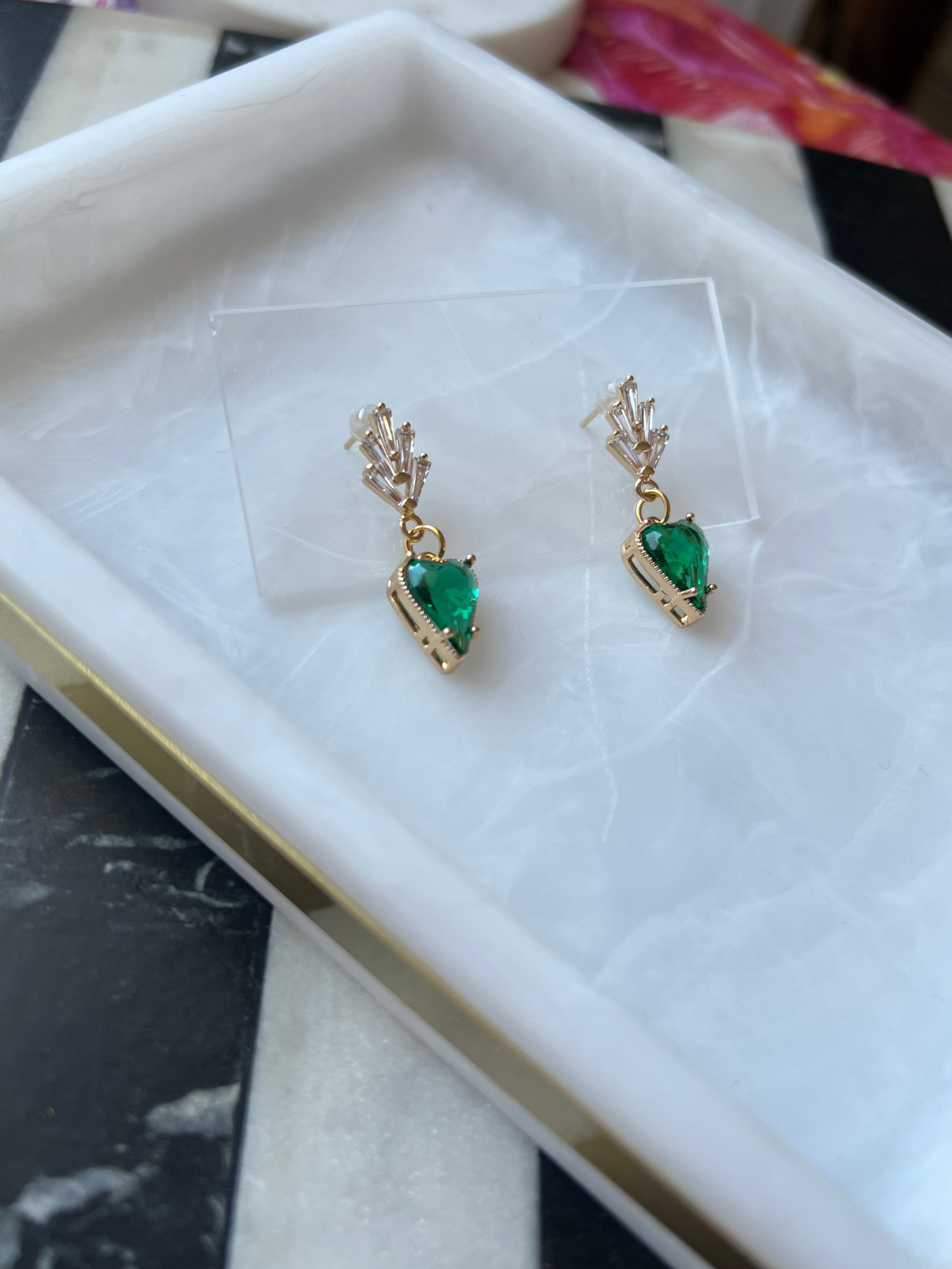 18K Gold Plated Emerald Green Heart Earrings