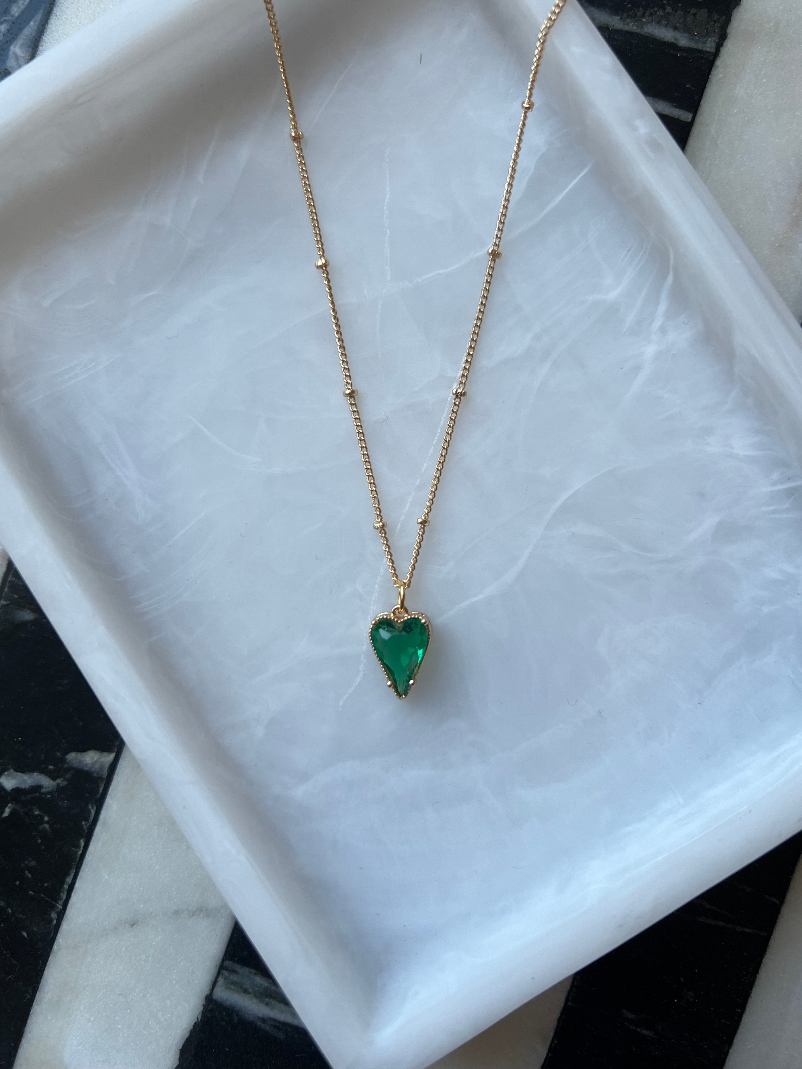 18K Gold Plated Emerald Green Heart Necklace