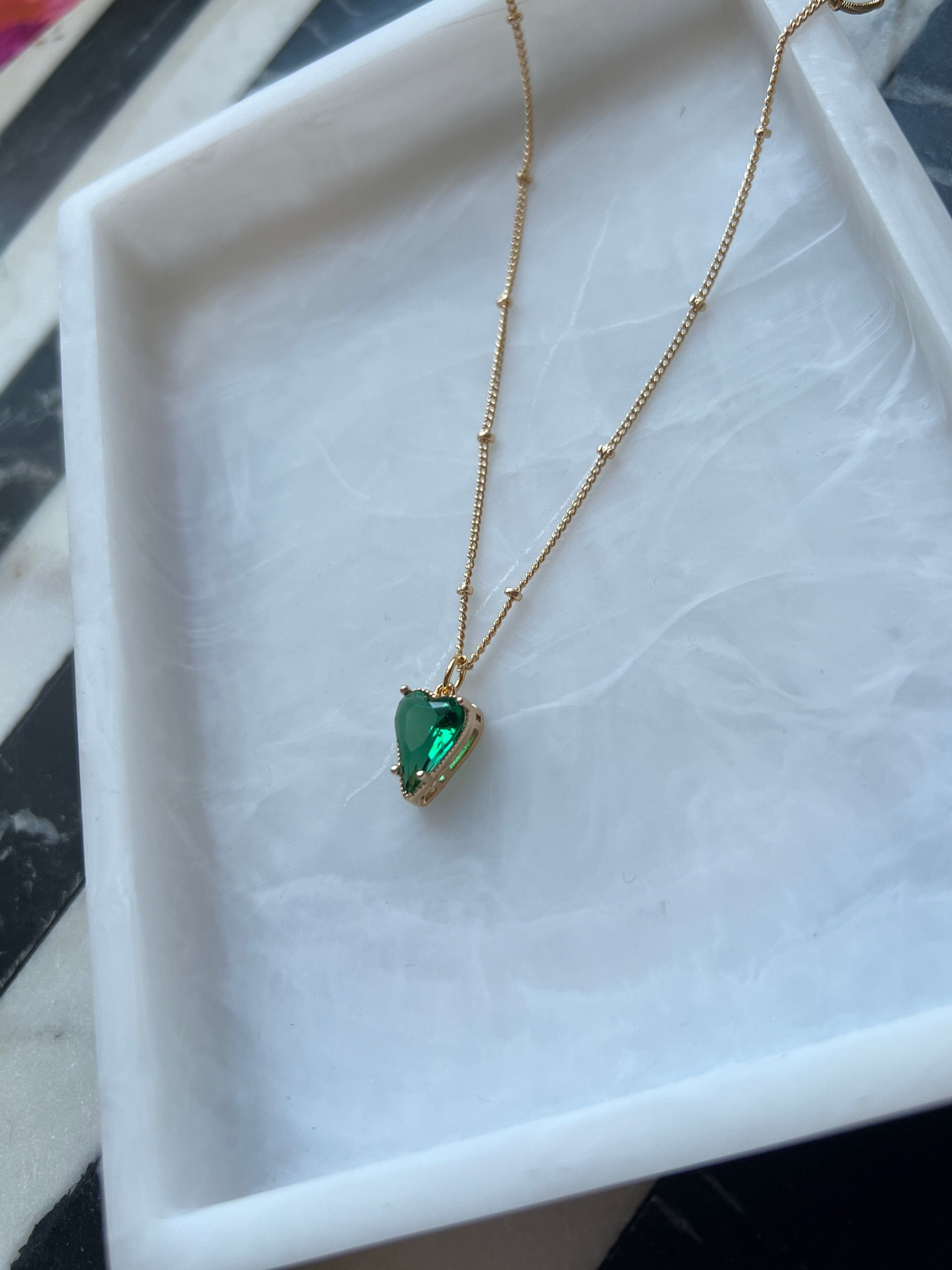 18K Gold Plated Emerald Green Heart Necklace