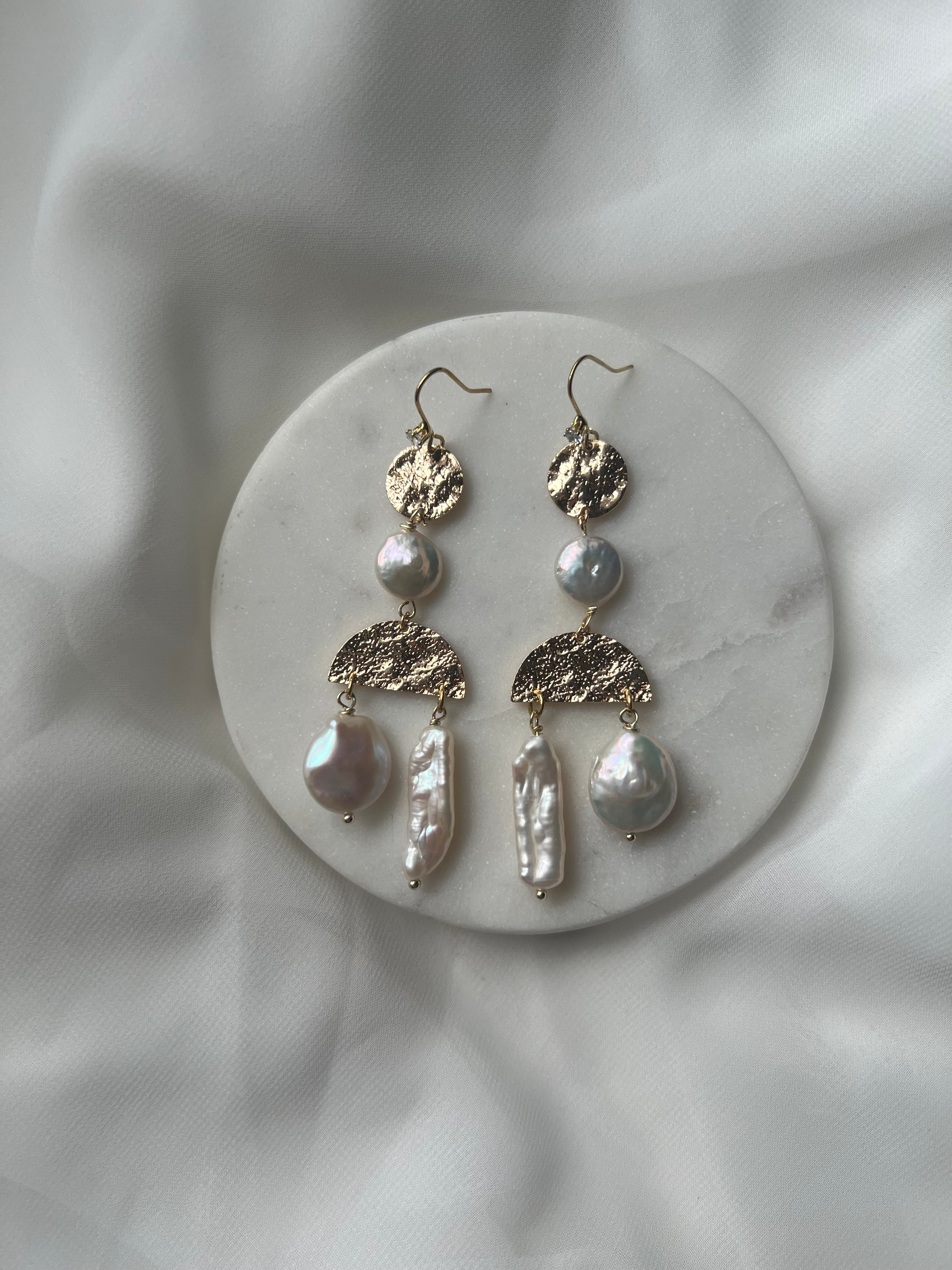 Freshwater Biwa and Circular Pearl Earrings