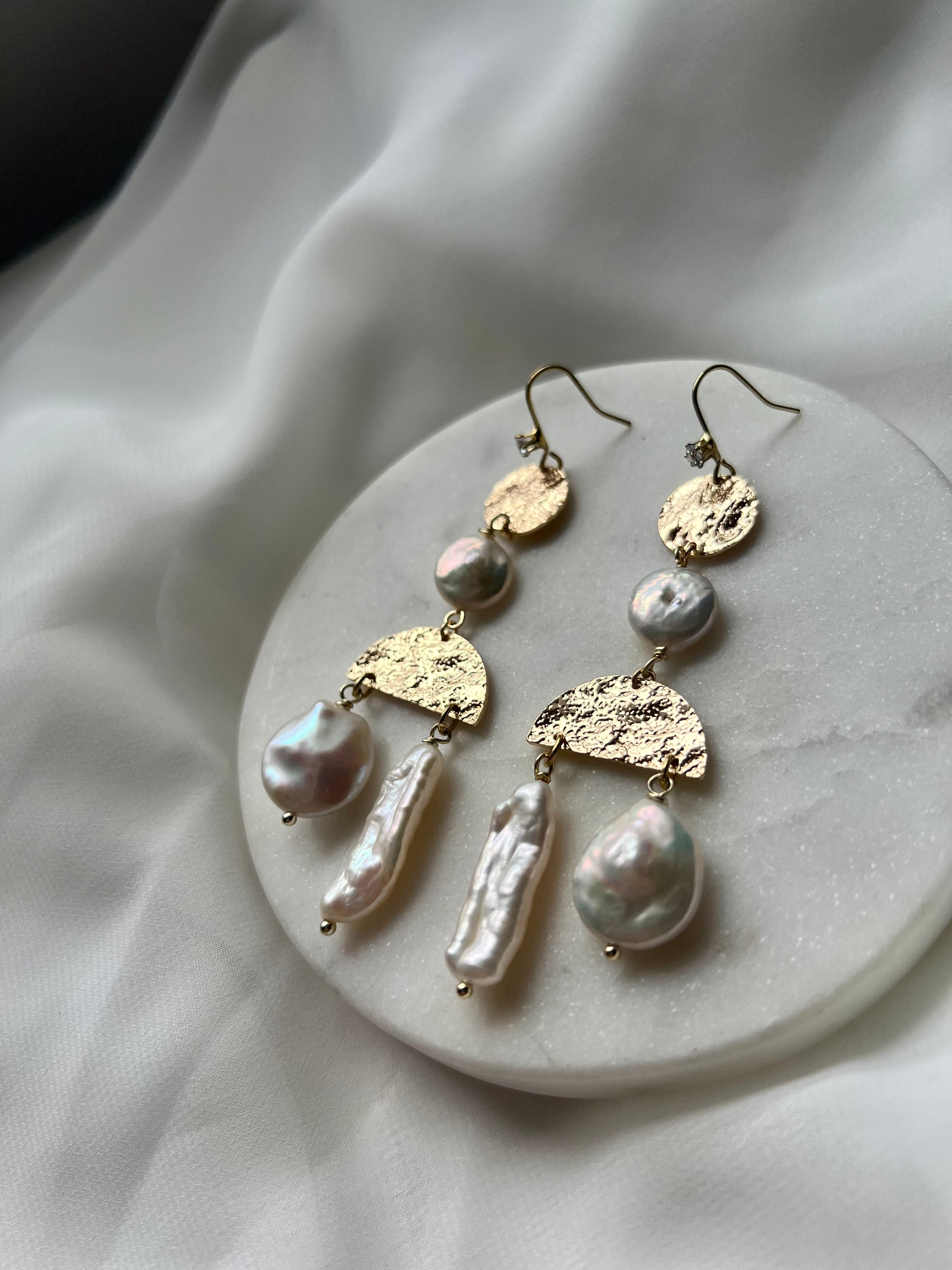 Freshwater Biwa and Circular Pearl Earrings