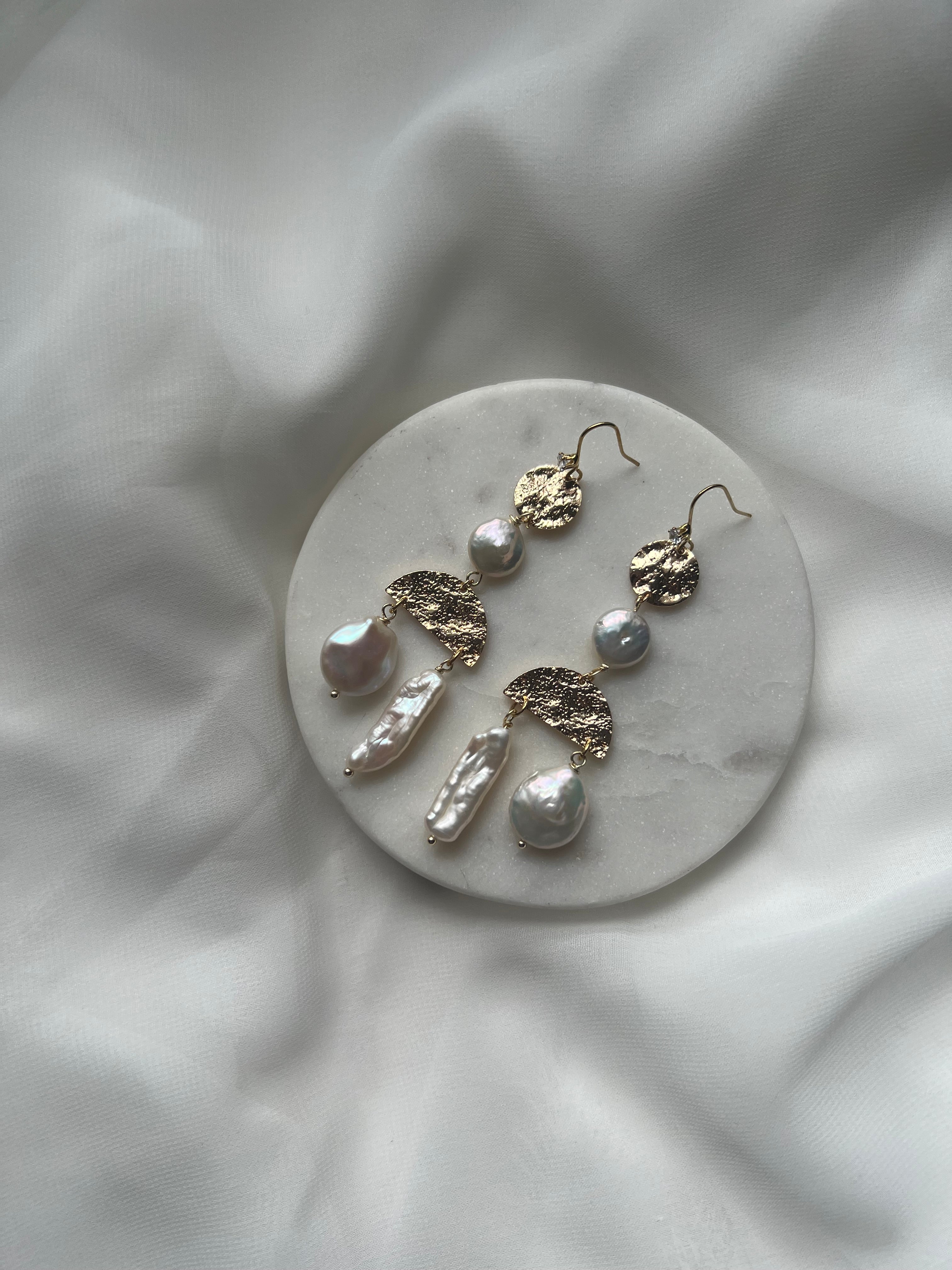 Freshwater Biwa and Circular Pearl Earrings