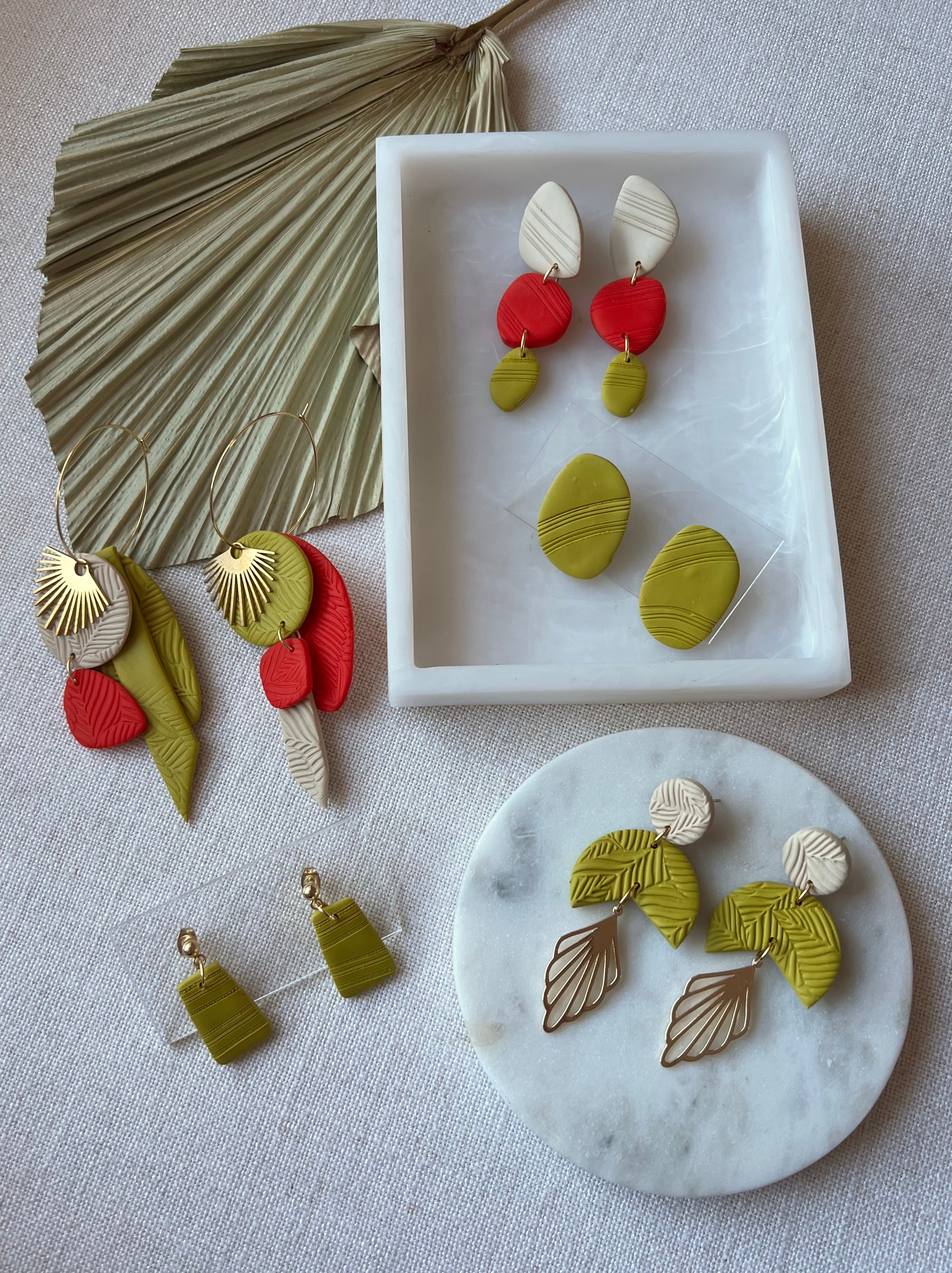 Beige, Red & Chartreuse Textured Earrings