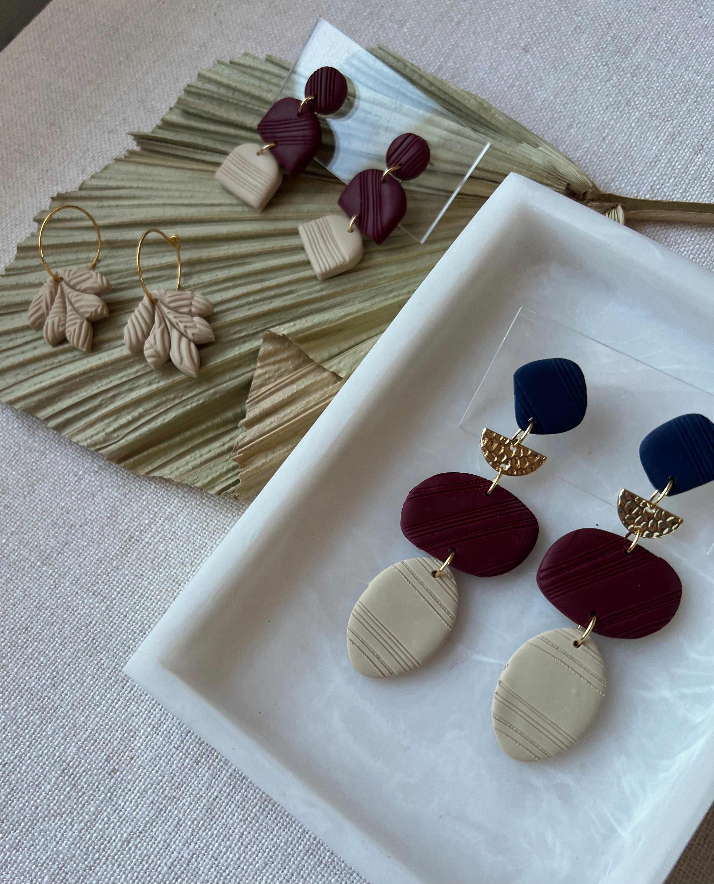 Beige Textured Petals Gold Hoops