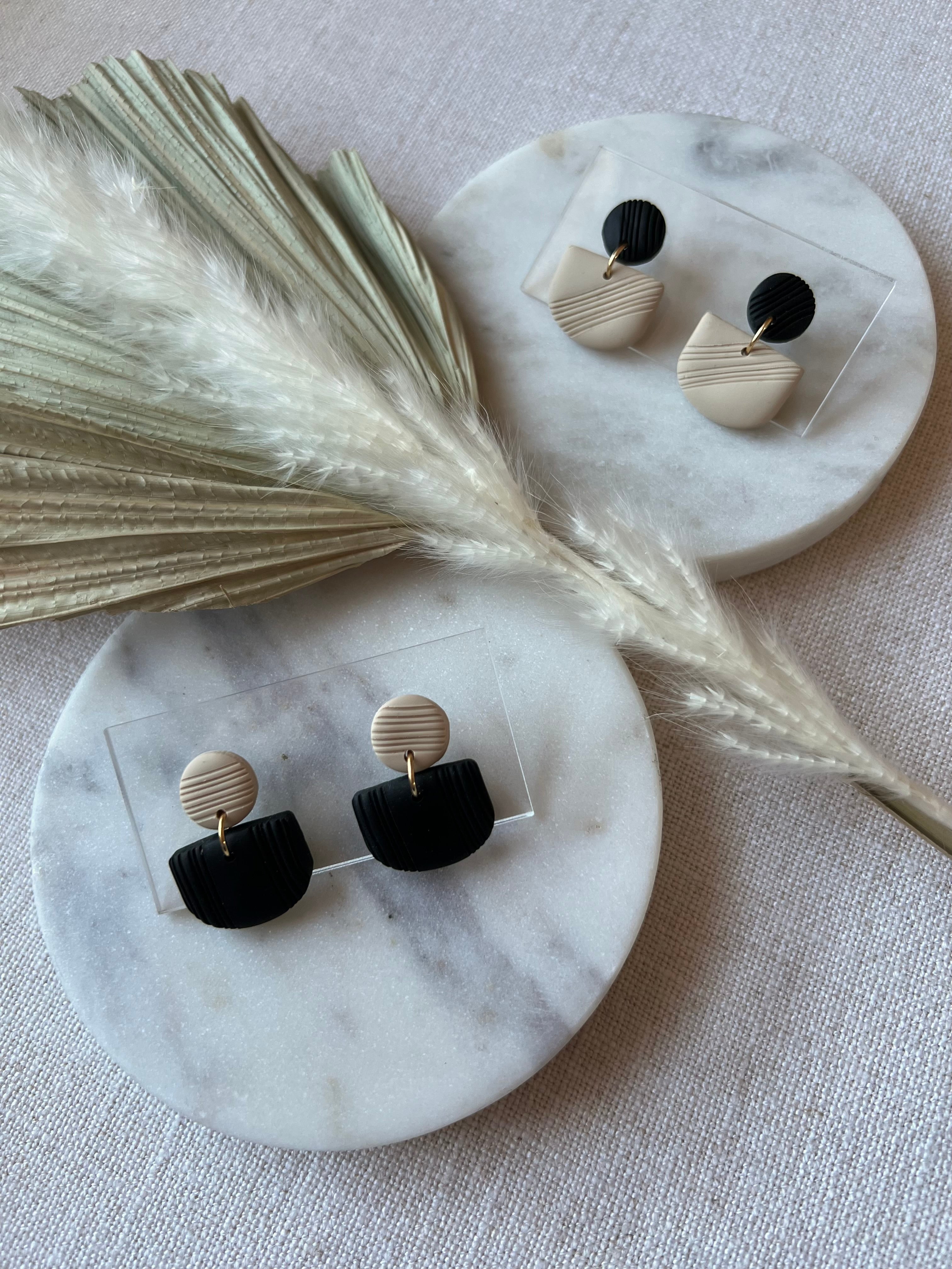 Beige & Black Textured Earrings