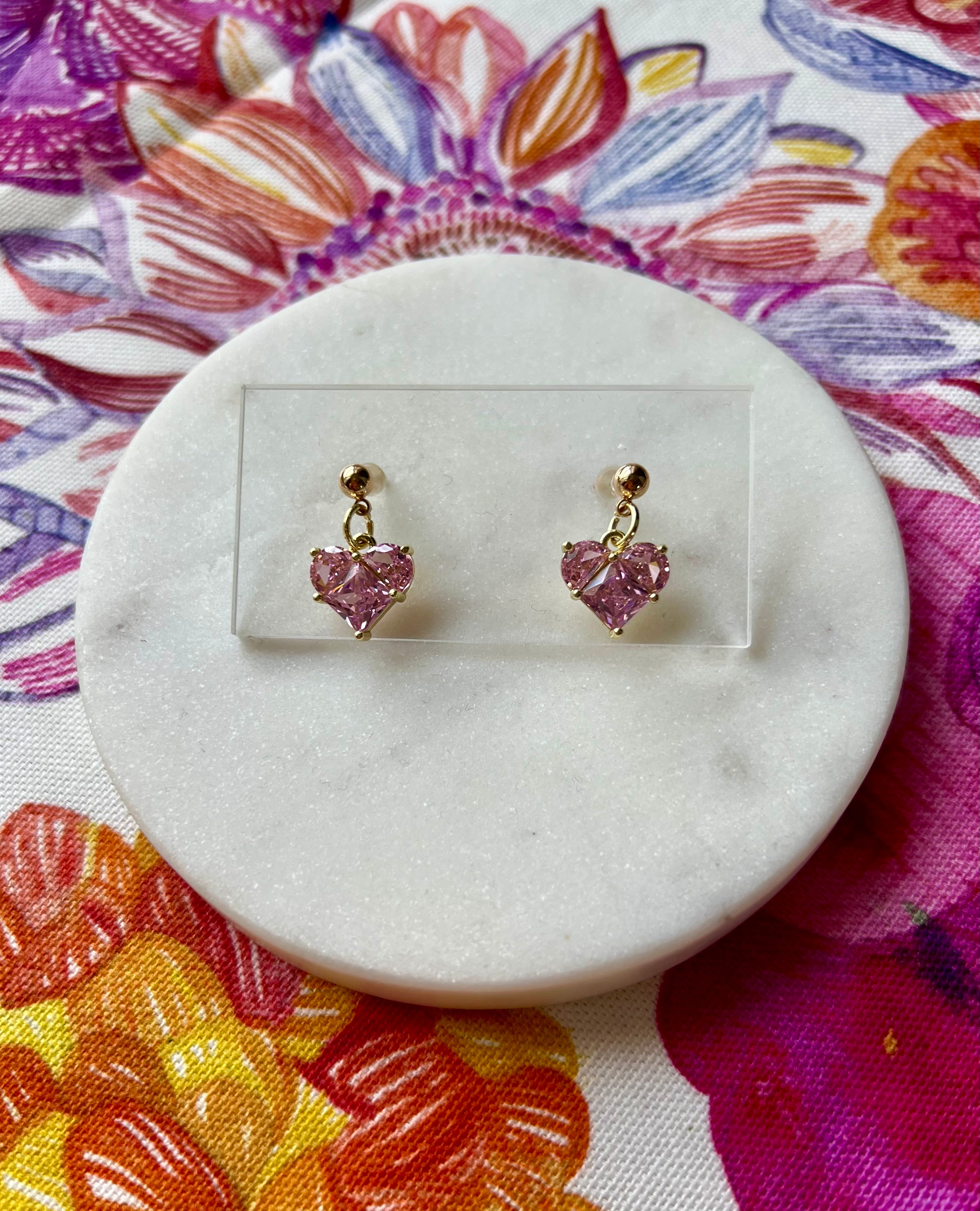 Pink Crystal Hearts with 18K Gold Studs
