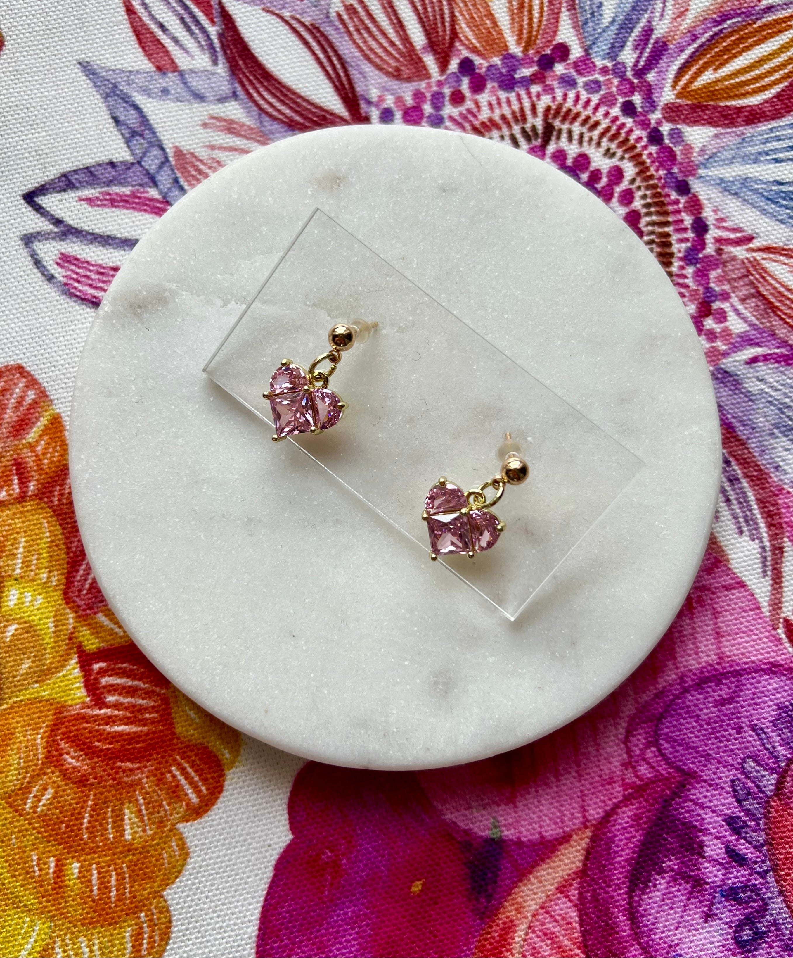 Pink Crystal Hearts with 18K Gold Studs