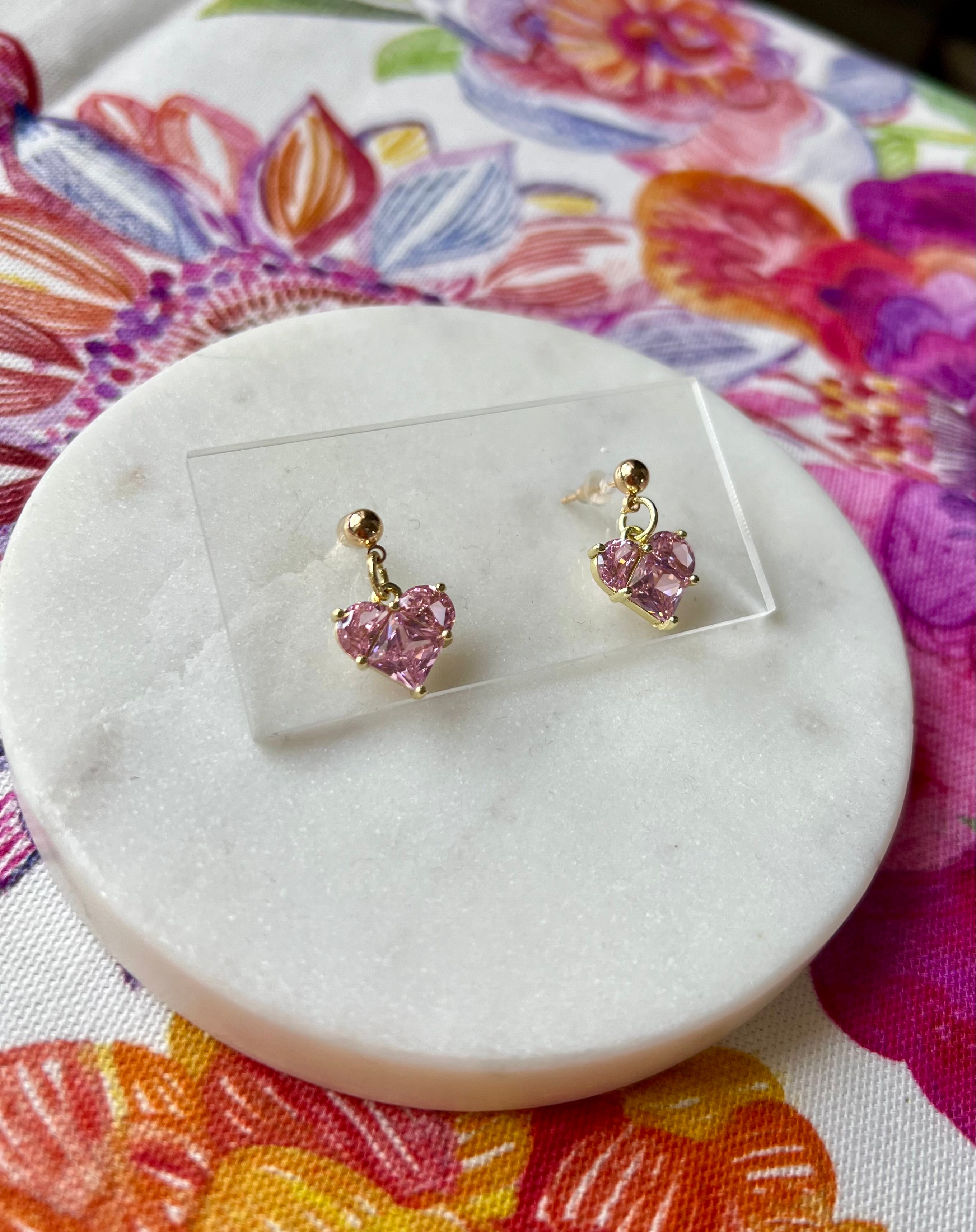 Pink Crystal Hearts with 18K Gold Studs