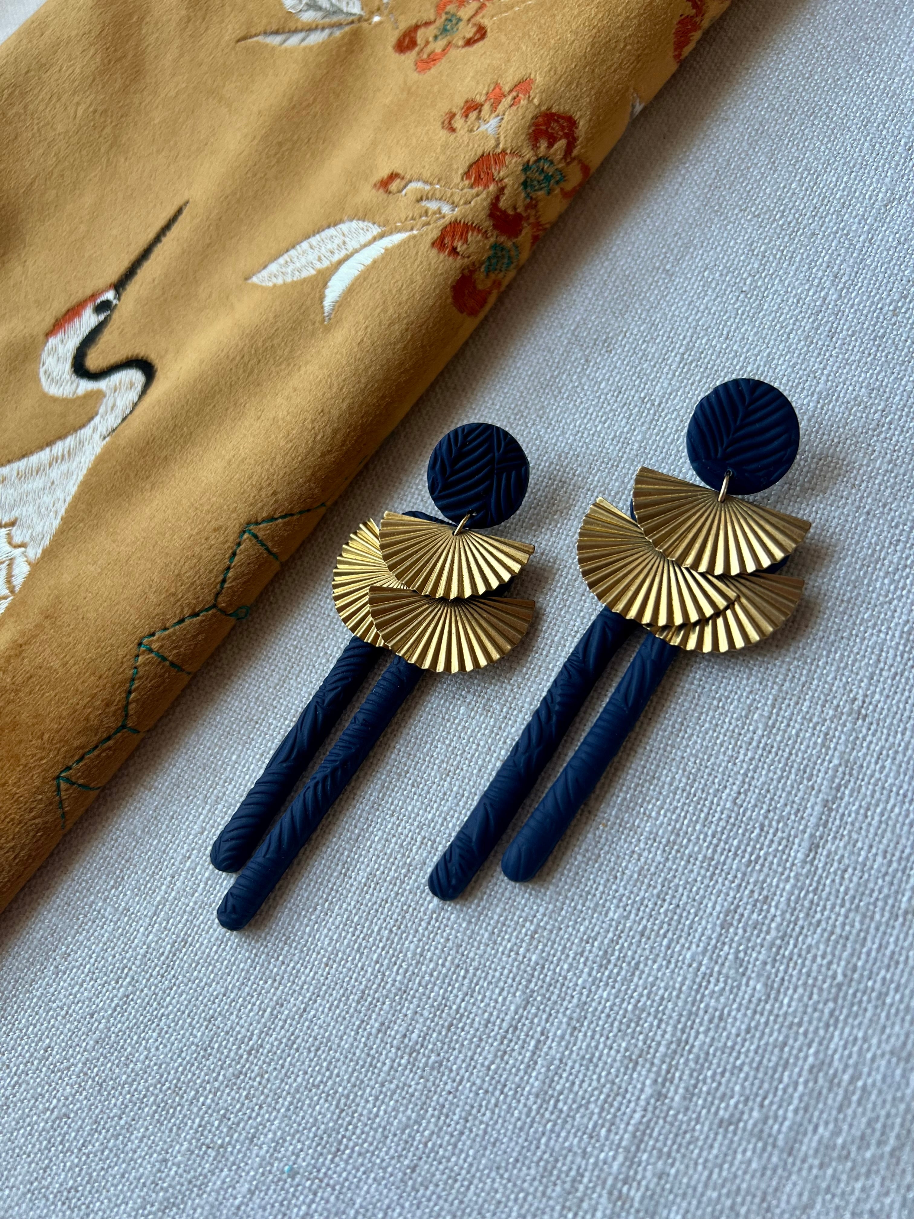 Navy Earrings with Brass Fans
