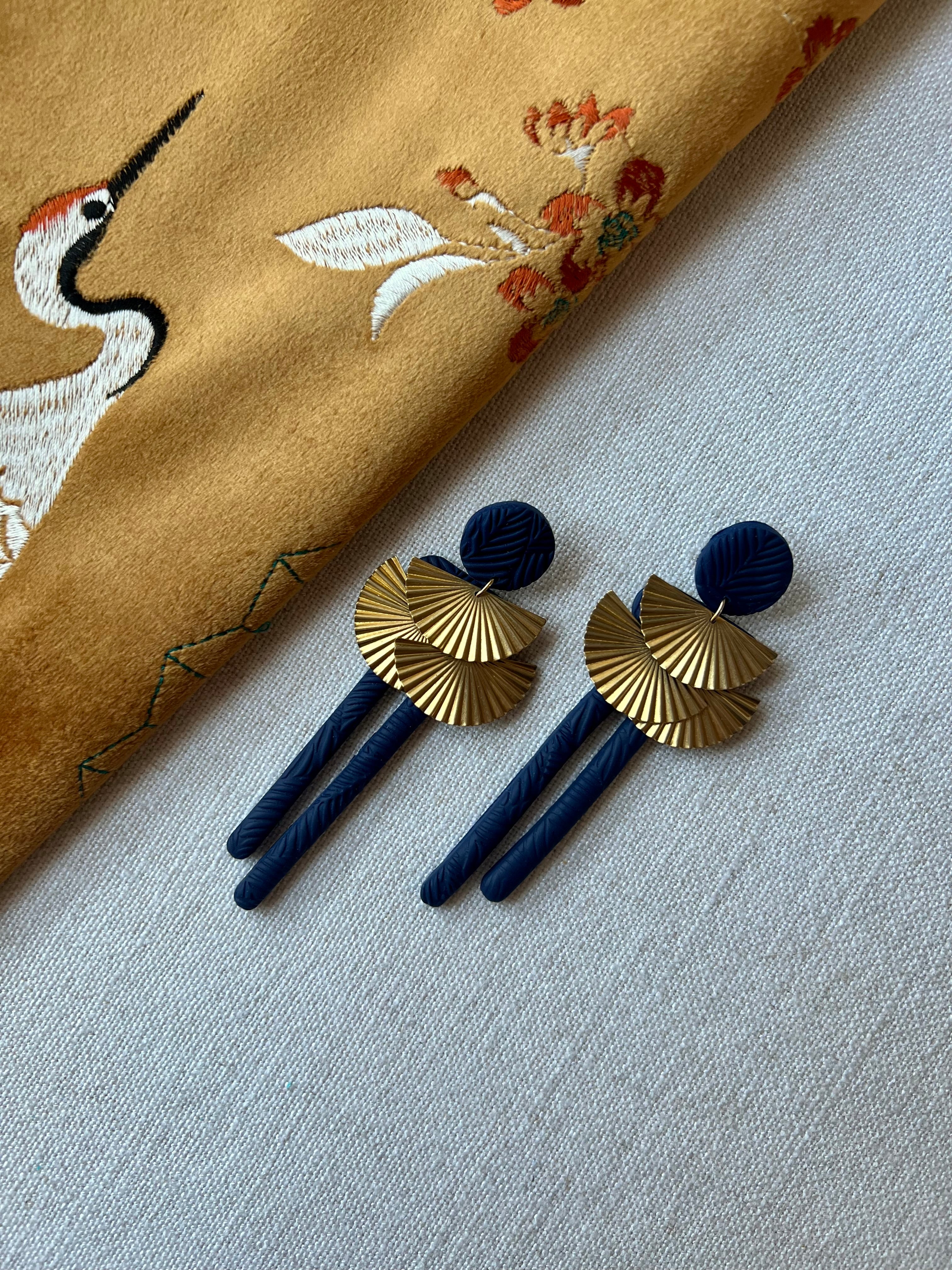 Navy Earrings with Brass Fans