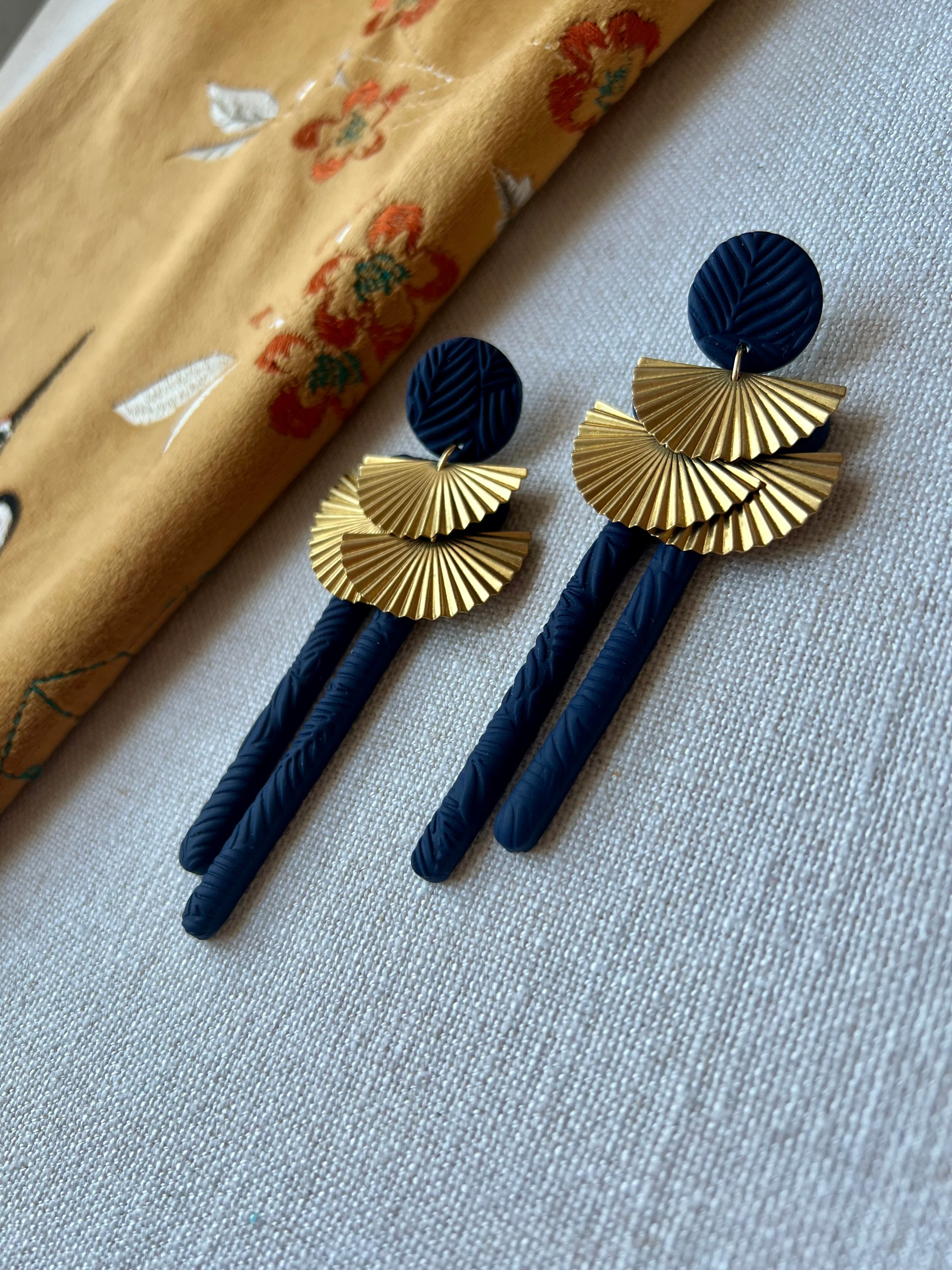 Navy Earrings with Brass Fans