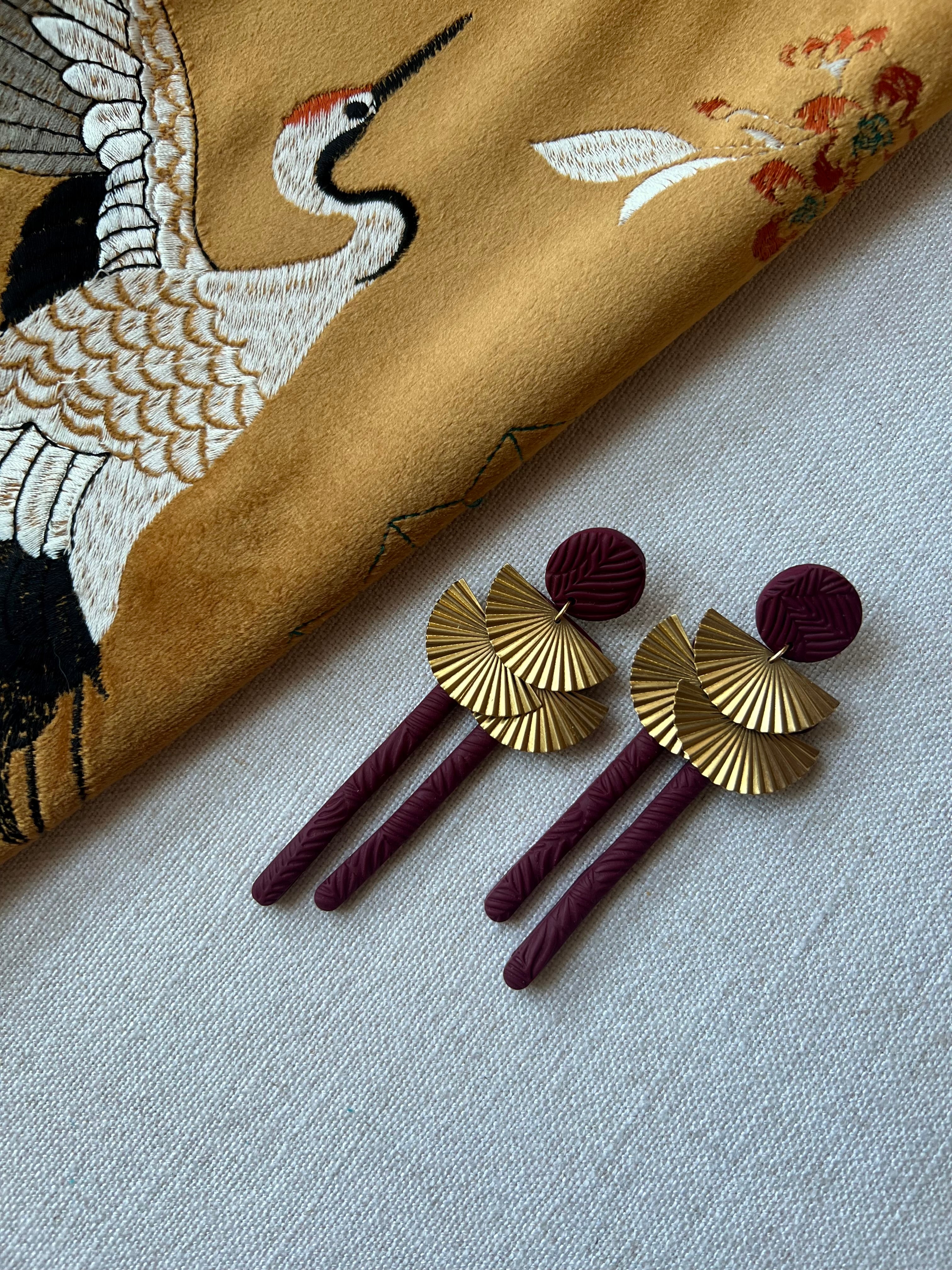 Burgundy Earrings with Brass Fans